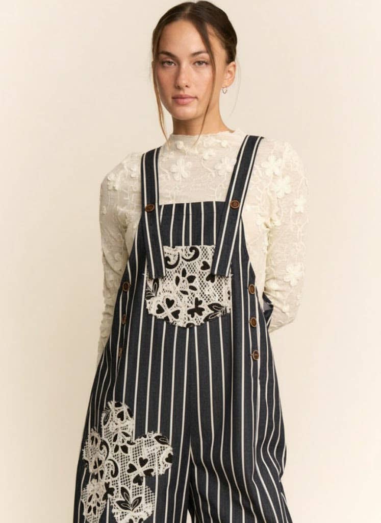 STRIP DENIM CROCHET LACE POCKET LOOSE FIT OVERALL