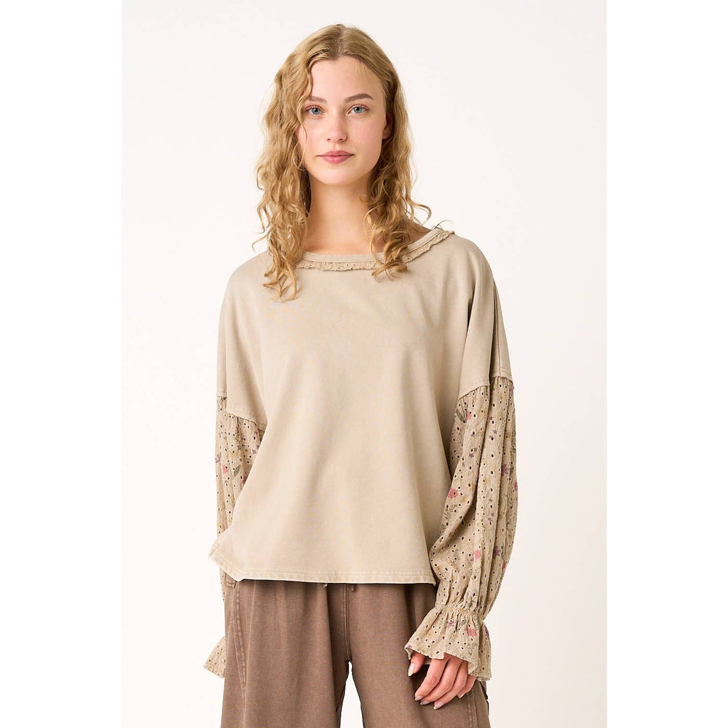 FLORAL EYELET MIXED MEDIA RELAXED LONG SLEEVE TOP