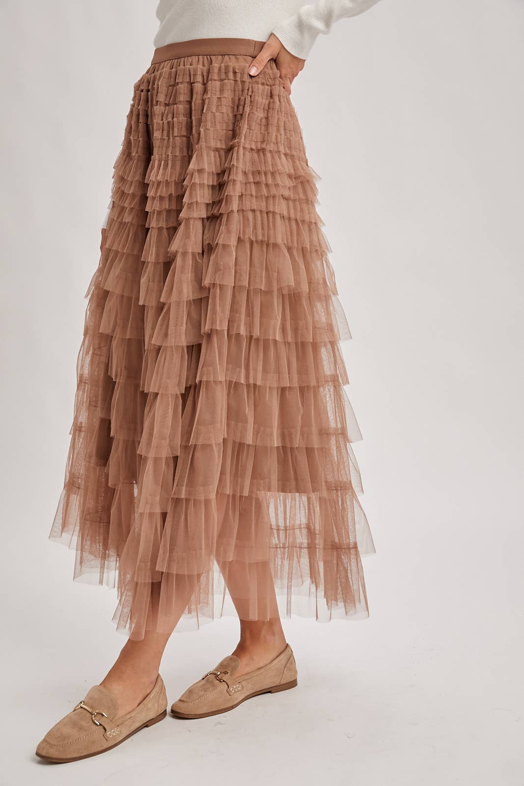 RUFFLED TULLE MIDI SKIRT