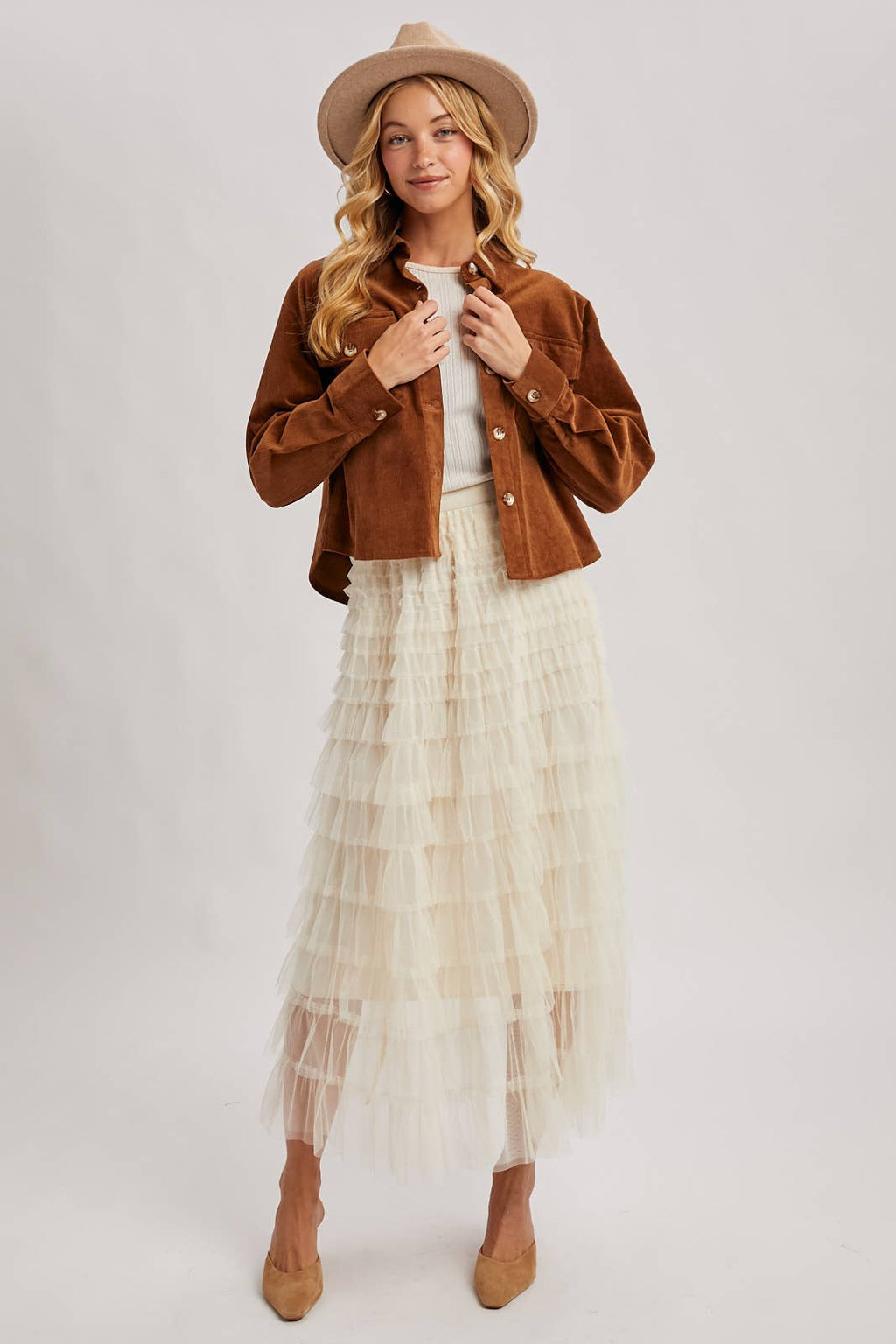 RUFFLED TULLE MIDI SKIRT