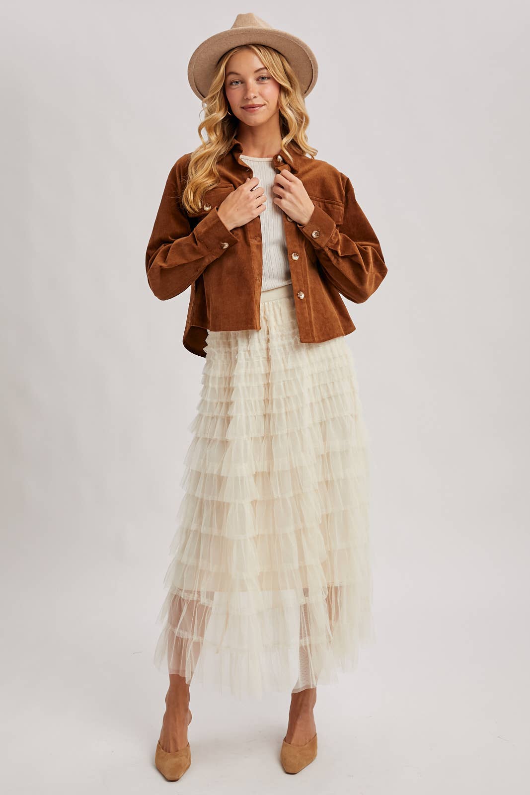 RUFFLED TULLE MIDI SKIRT