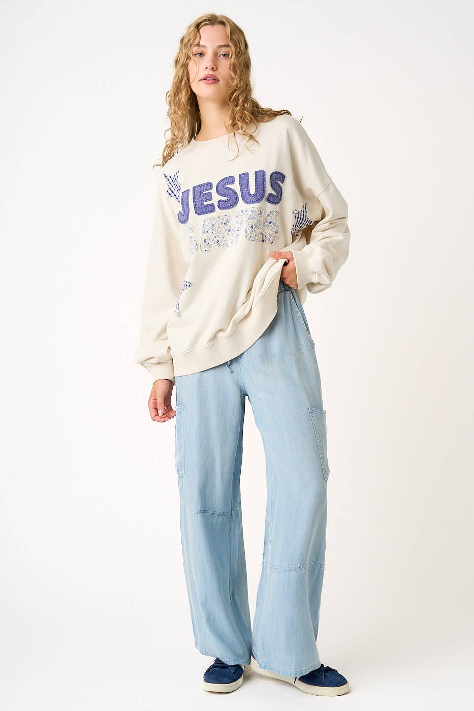 JESUS SAVES PATCHWORK CREW NECK SWEATSHIRT