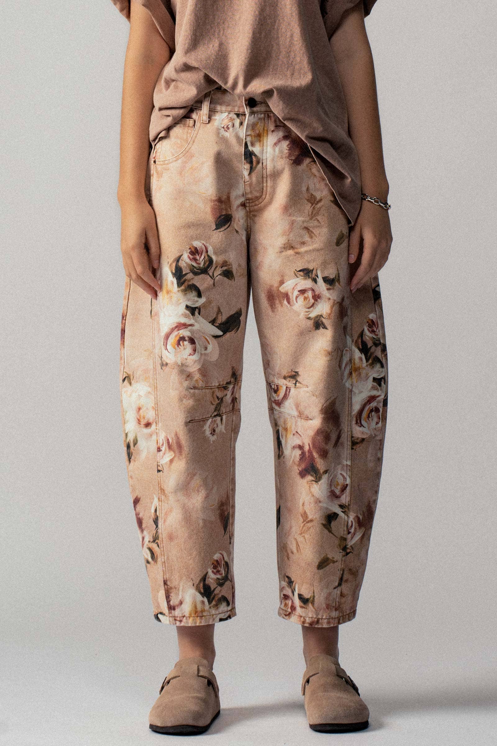 Vintage Rose Print Wide Leg Jeans