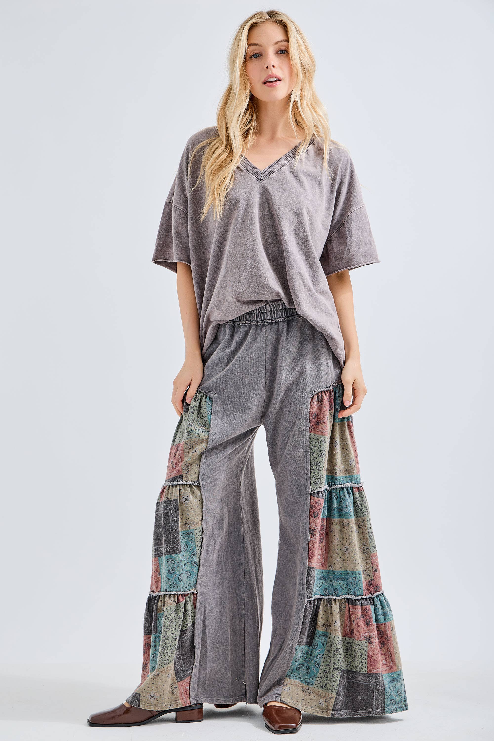 Mineral Washed Boho Patch Tiered wide pants HP6619