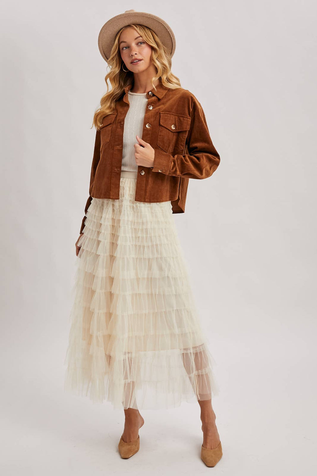 RUFFLED TULLE MIDI SKIRT