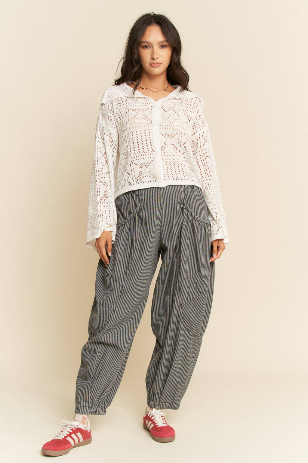 STRIPED DENIM DRAPED BARREL JOGGER PANTS