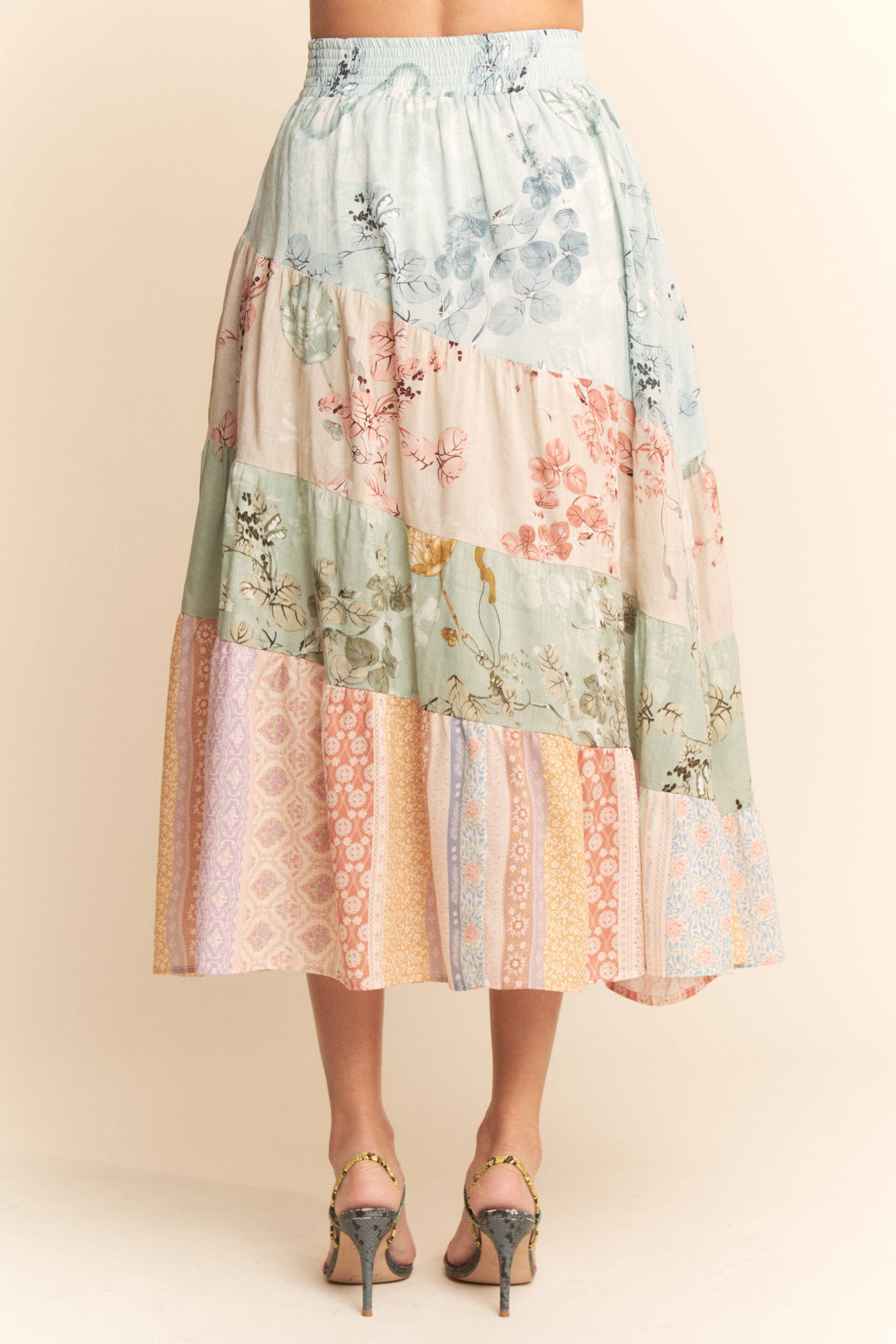 ETHNIC FLORAL MIX WAISTBAND TIERED MAXI SKIRT