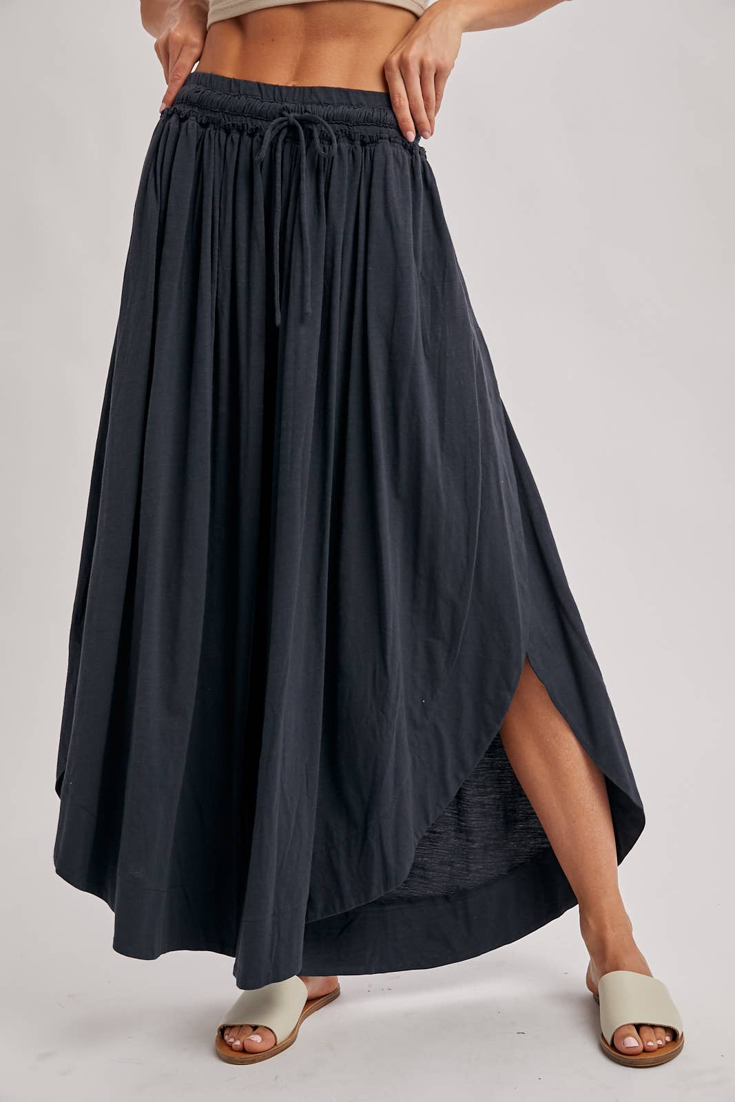 BOHEMIAN SIDE SLIT ROUNDED HEM WIDE LEG PANTS