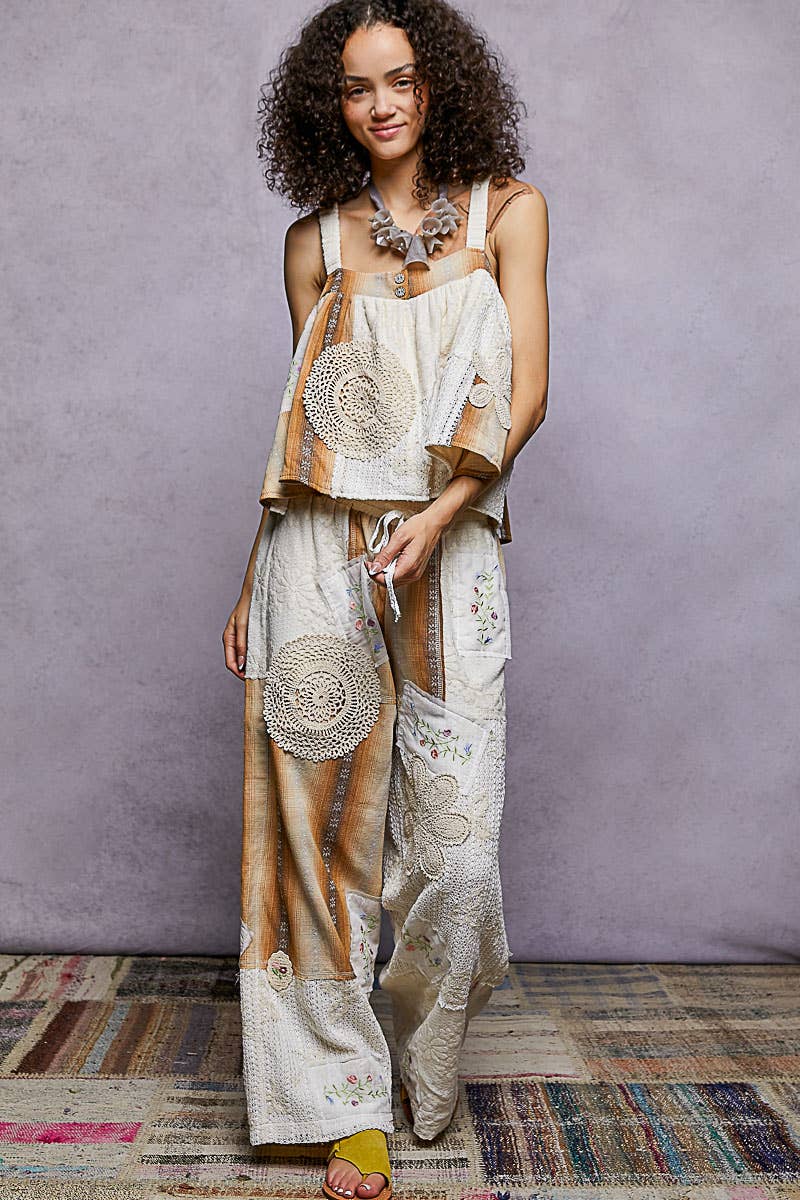 Solid Lace Patch Detail Woven Pants