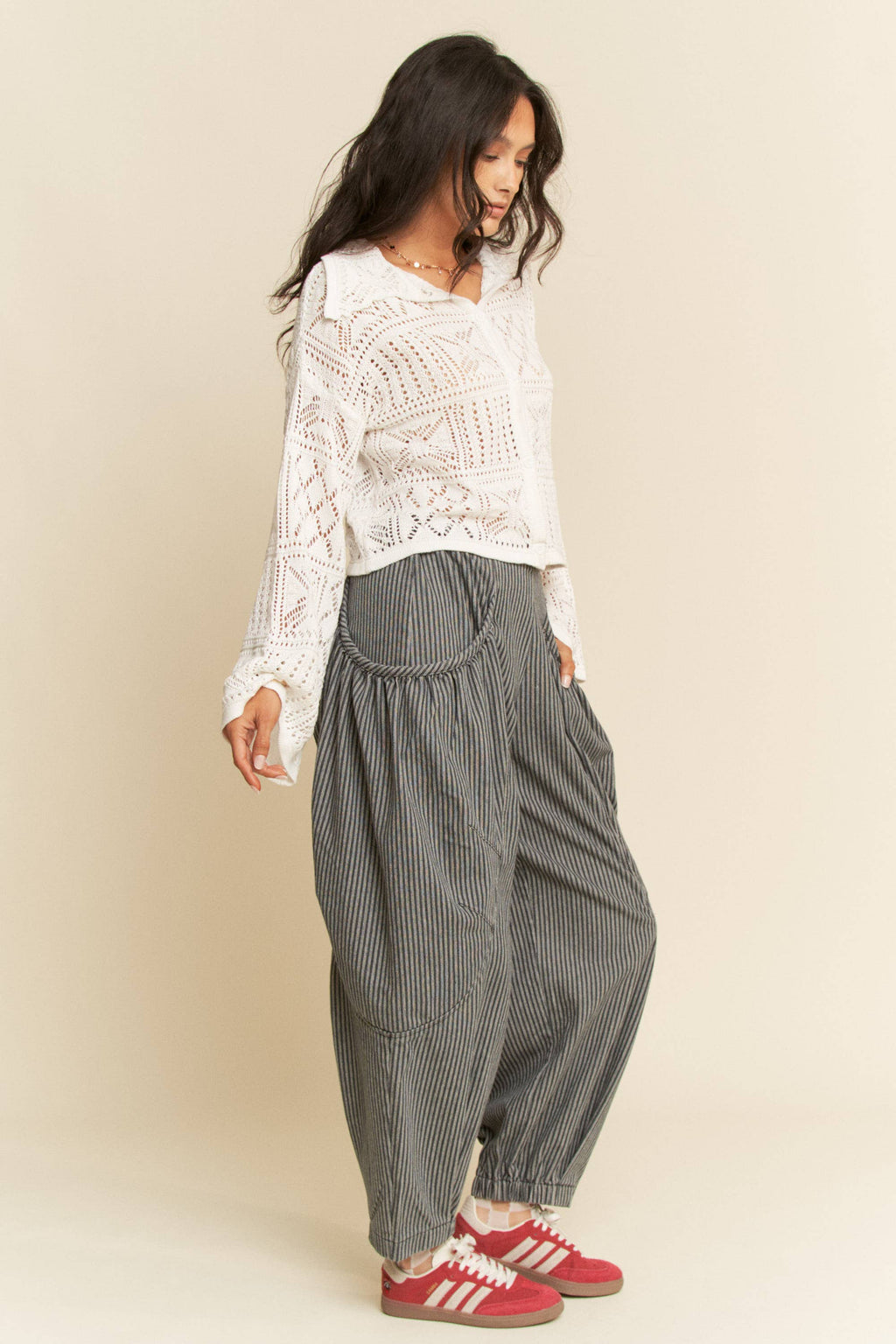 STRIPED DENIM DRAPED BARREL JOGGER PANTS