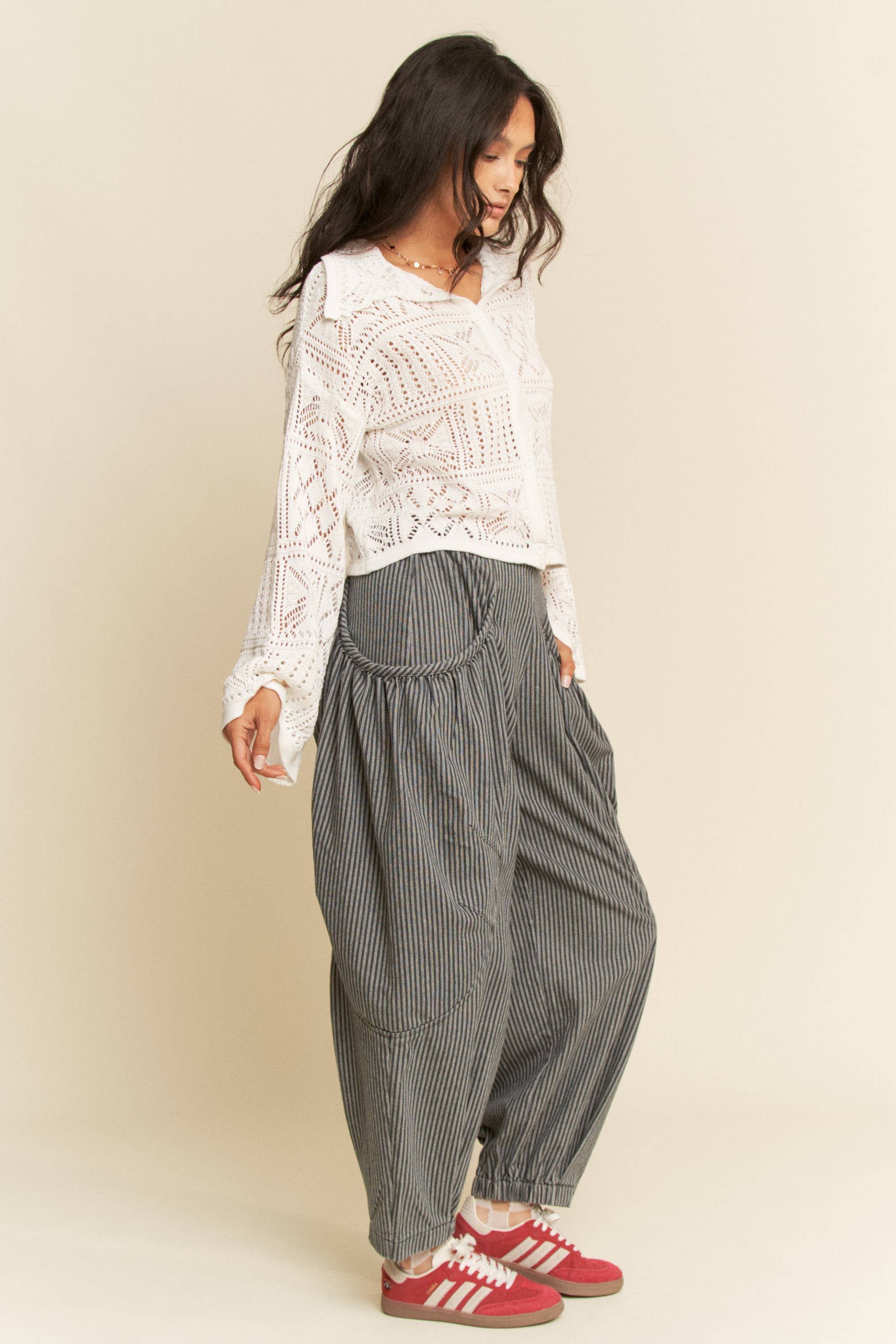 STRIPED DENIM DRAPED BARREL JOGGER PANTS