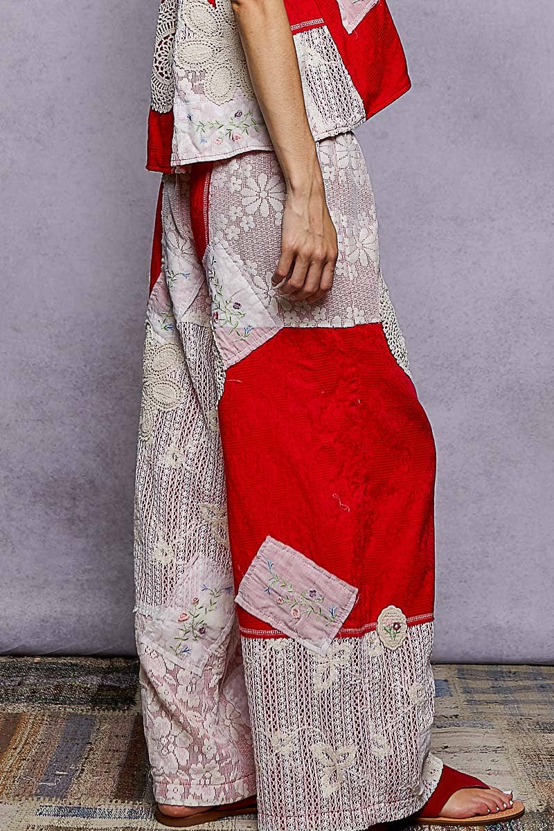 Solid Lace Patch Detail Woven Pants