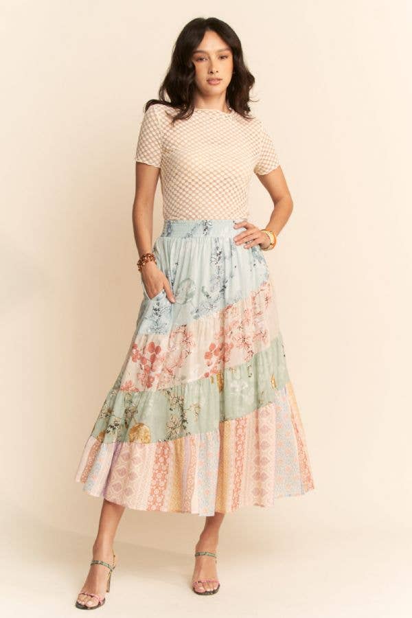 ETHNIC FLORAL MIX WAISTBAND TIERED MAXI SKIRT