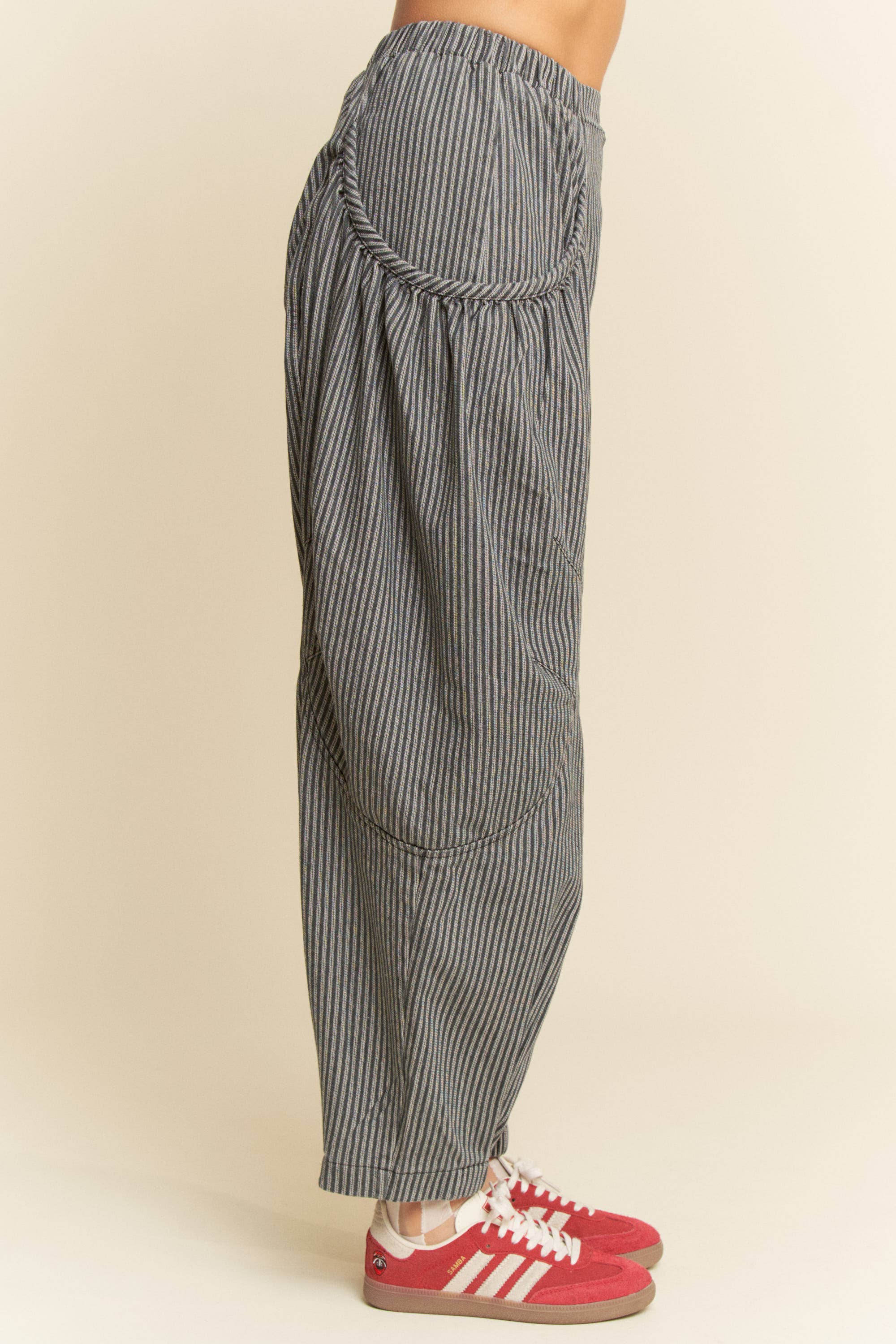 STRIPED DENIM DRAPED BARREL JOGGER PANTS
