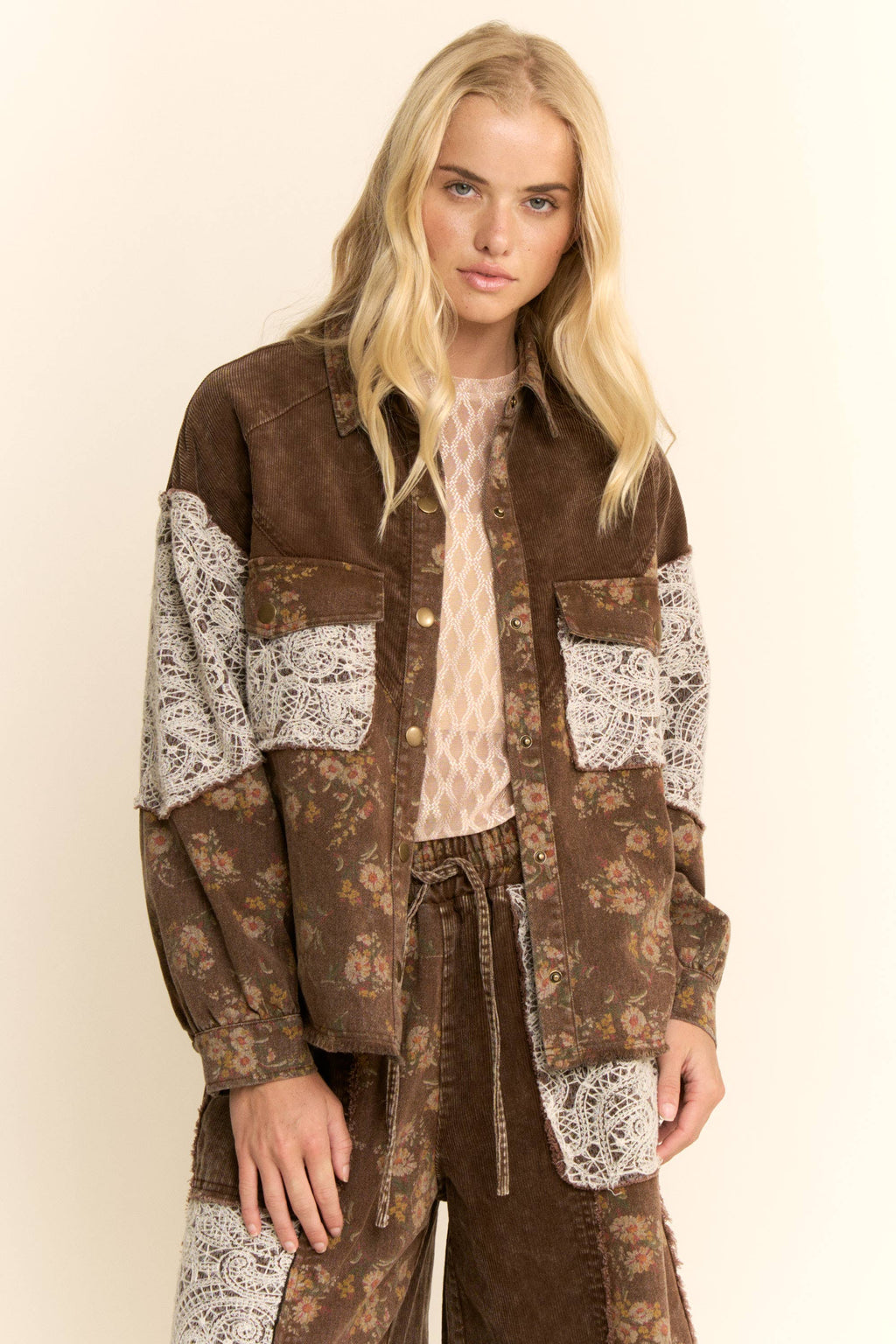 WASHED CORDUROY AND FLOWER DENIM PANTS