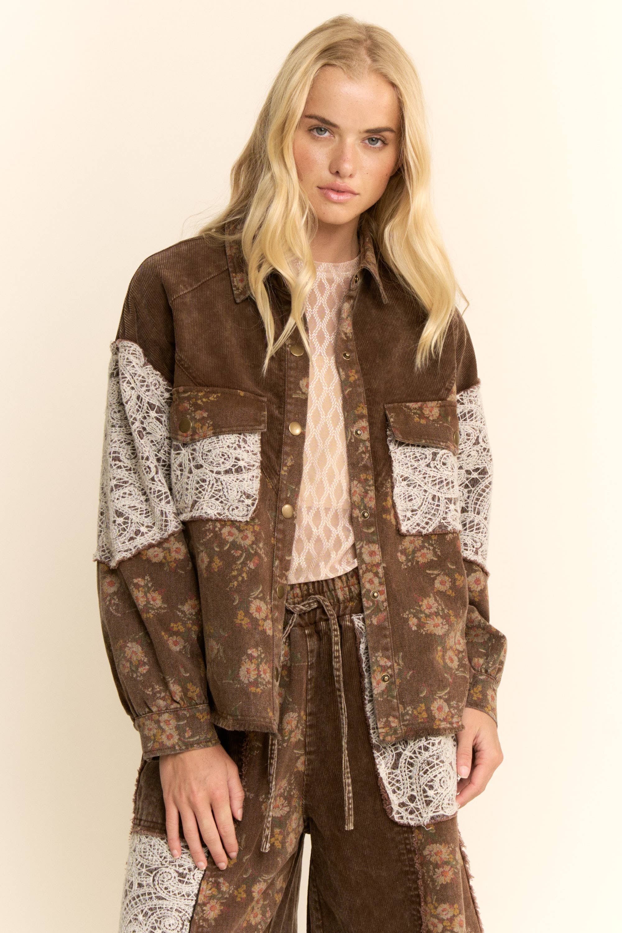 WASHED CORDUROY AND FLOWER DENIM PANTS