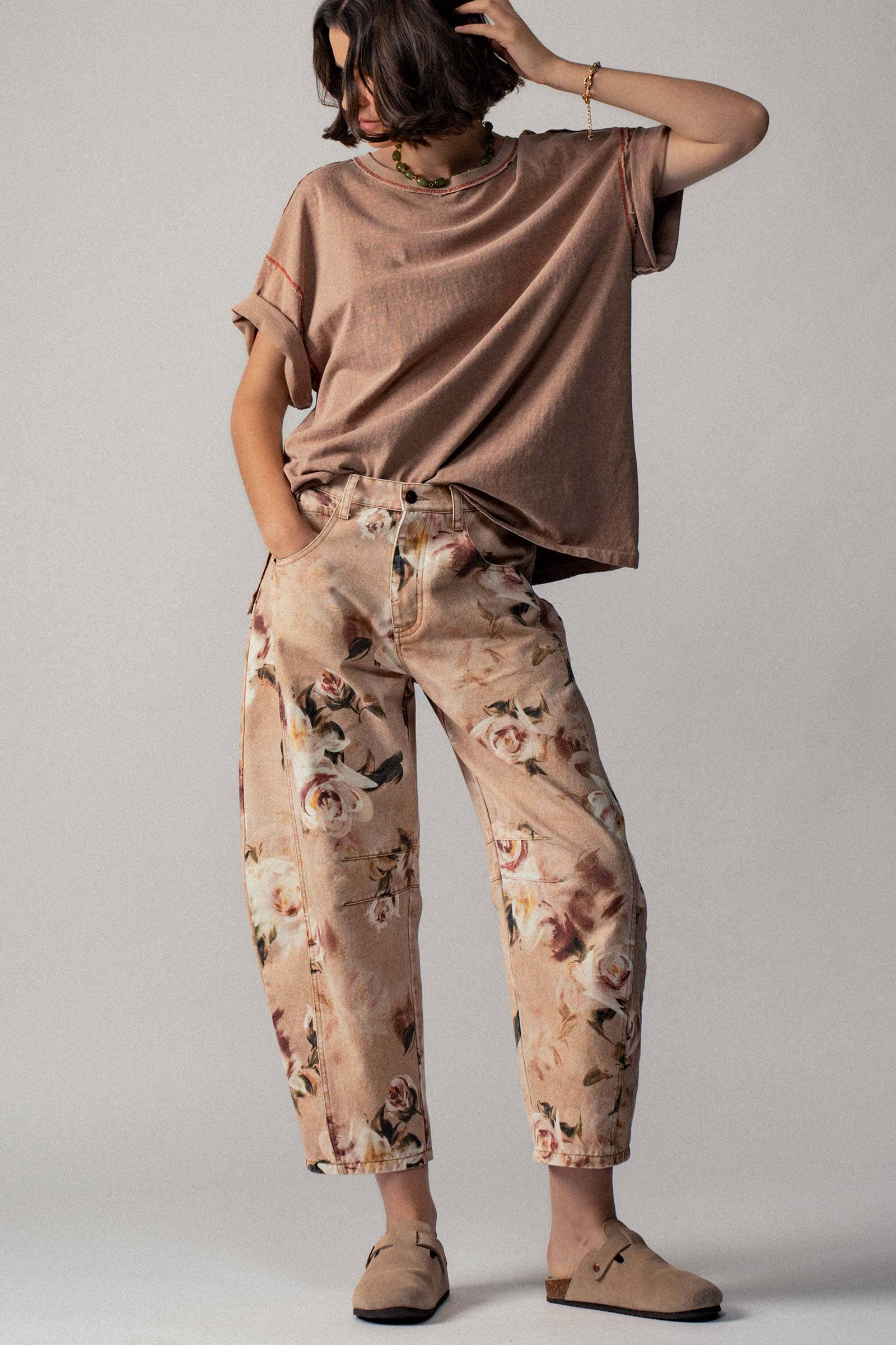 Vintage Rose Print Wide Leg Jeans