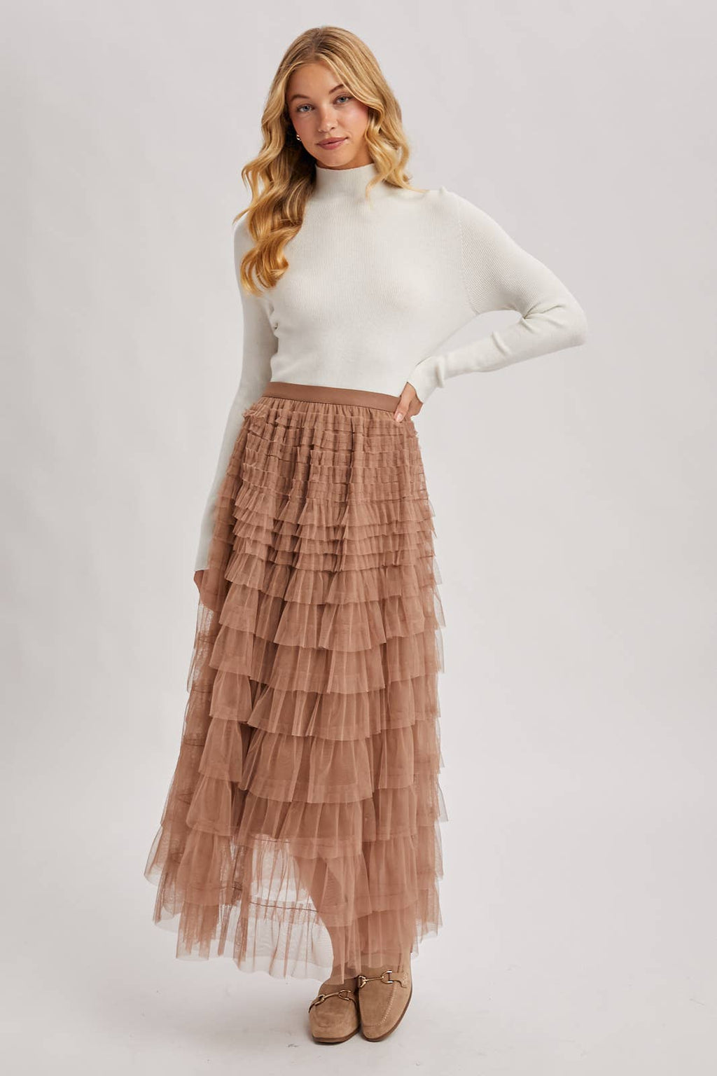 RUFFLED TULLE MIDI SKIRT