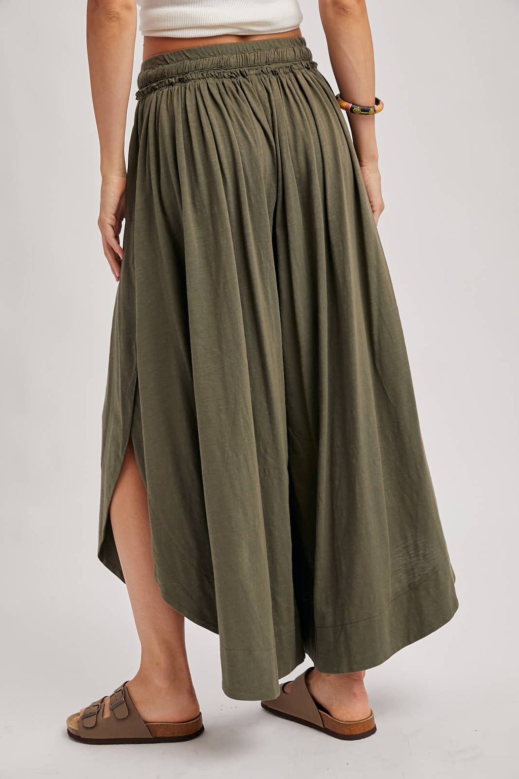 BOHEMIAN SIDE SLIT ROUNDED HEM WIDE LEG PANTS