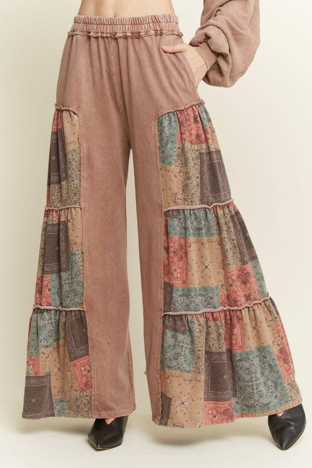 Mineral Washed Boho Patch Tiered wide pants HP6619