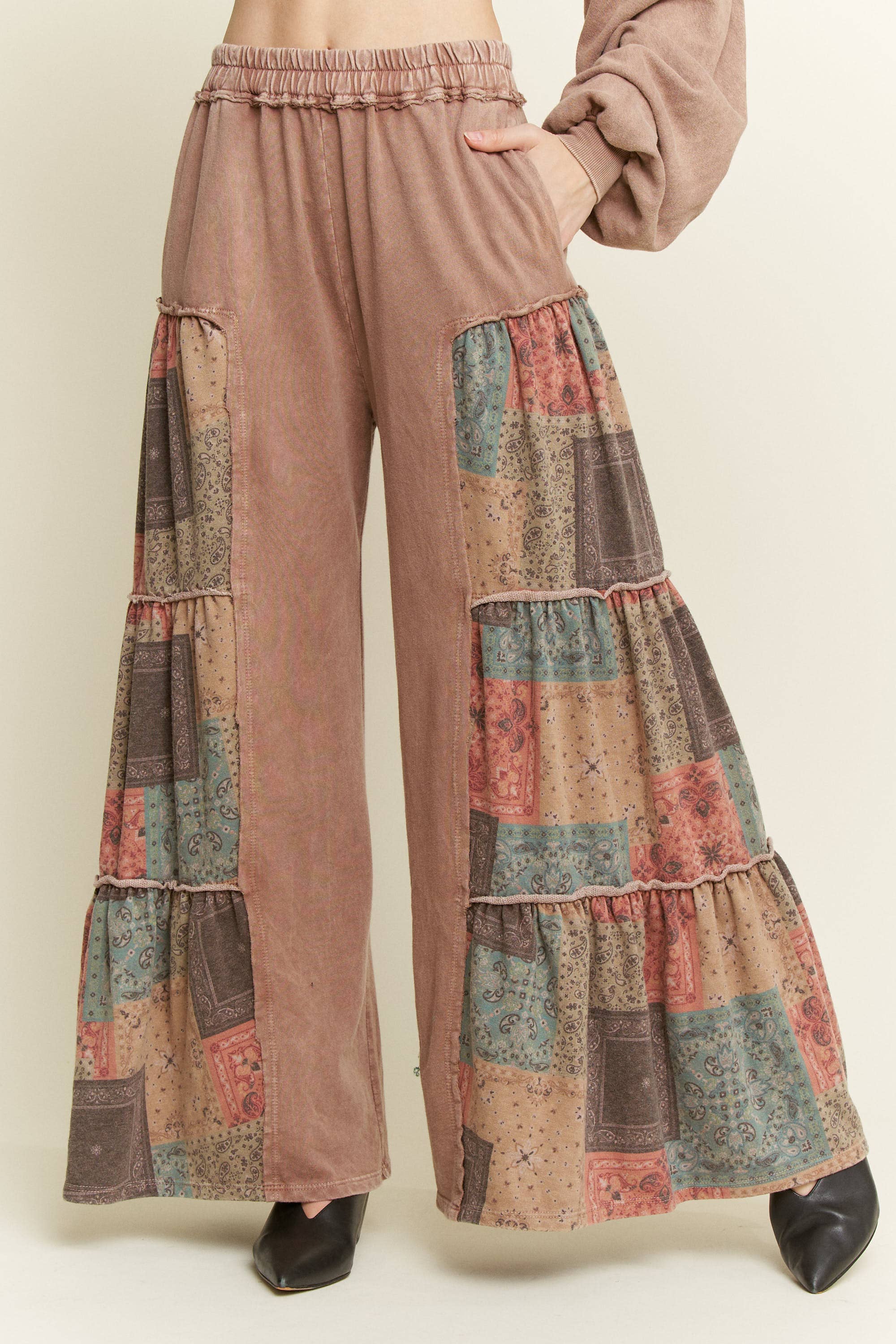 Mineral Washed Boho Patch Tiered wide pants HP6619