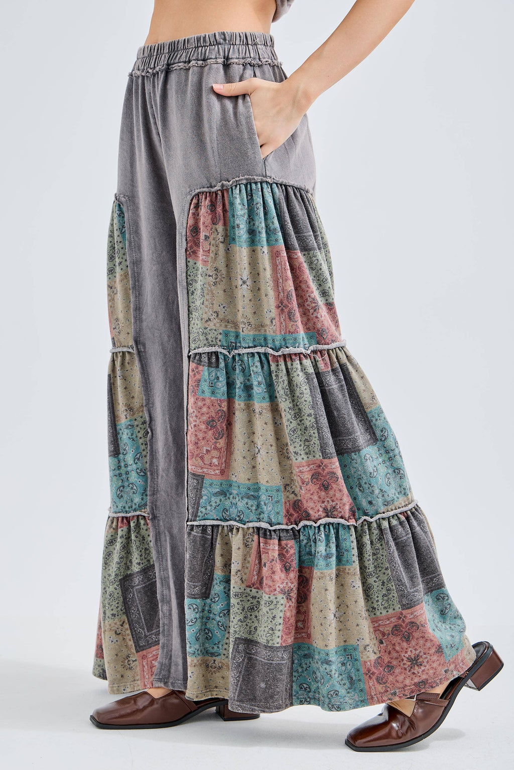 Mineral Washed Boho Patch Tiered wide pants HP6619