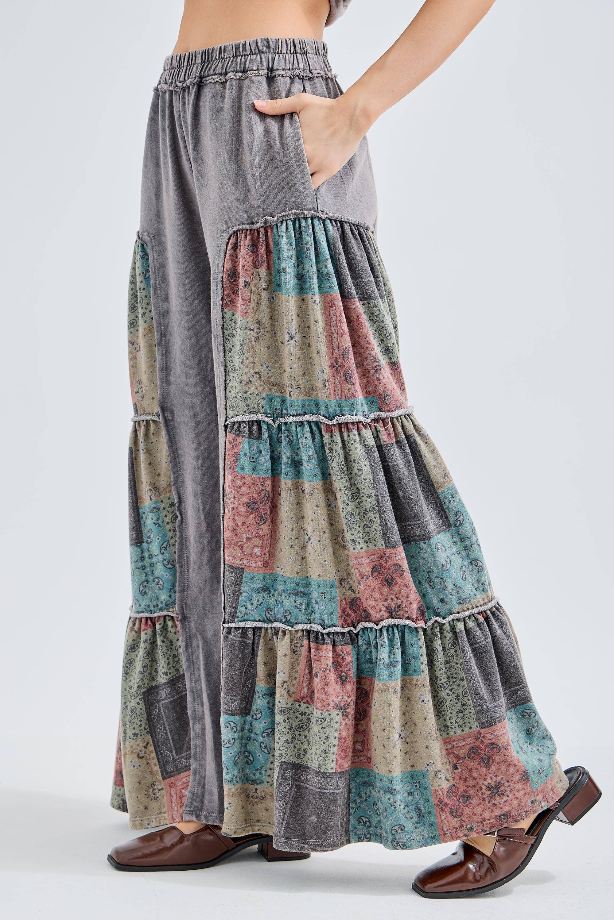 Mineral Washed Boho Patch Tiered wide pants HP6619