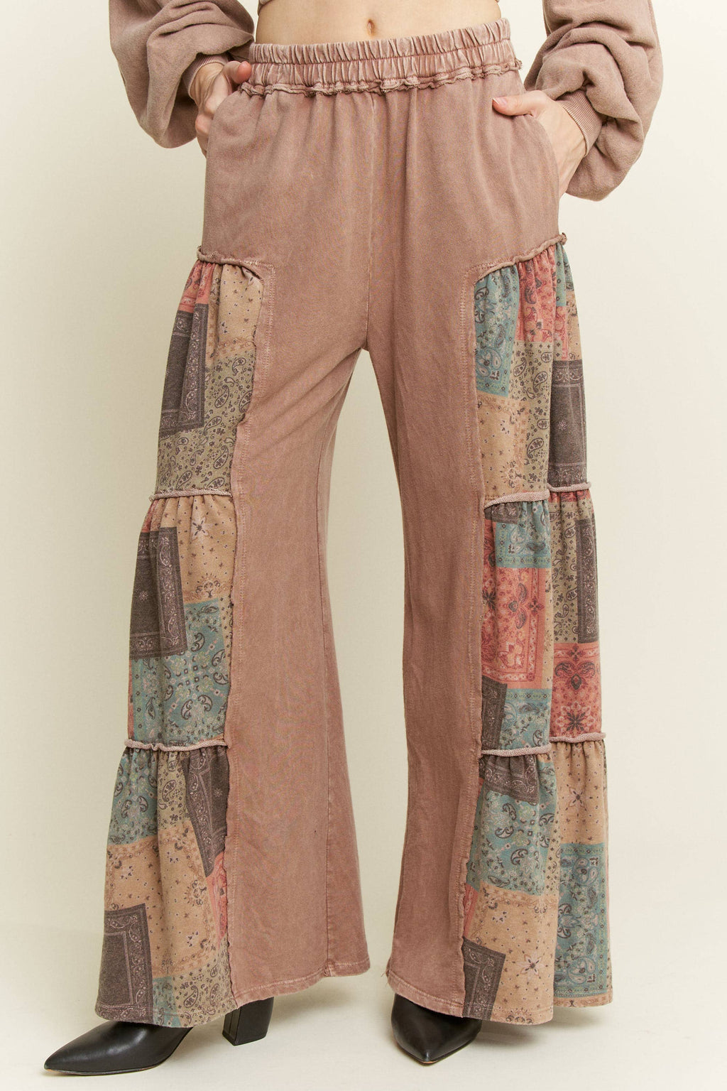 Mineral Washed Boho Patch Tiered wide pants HP6619
