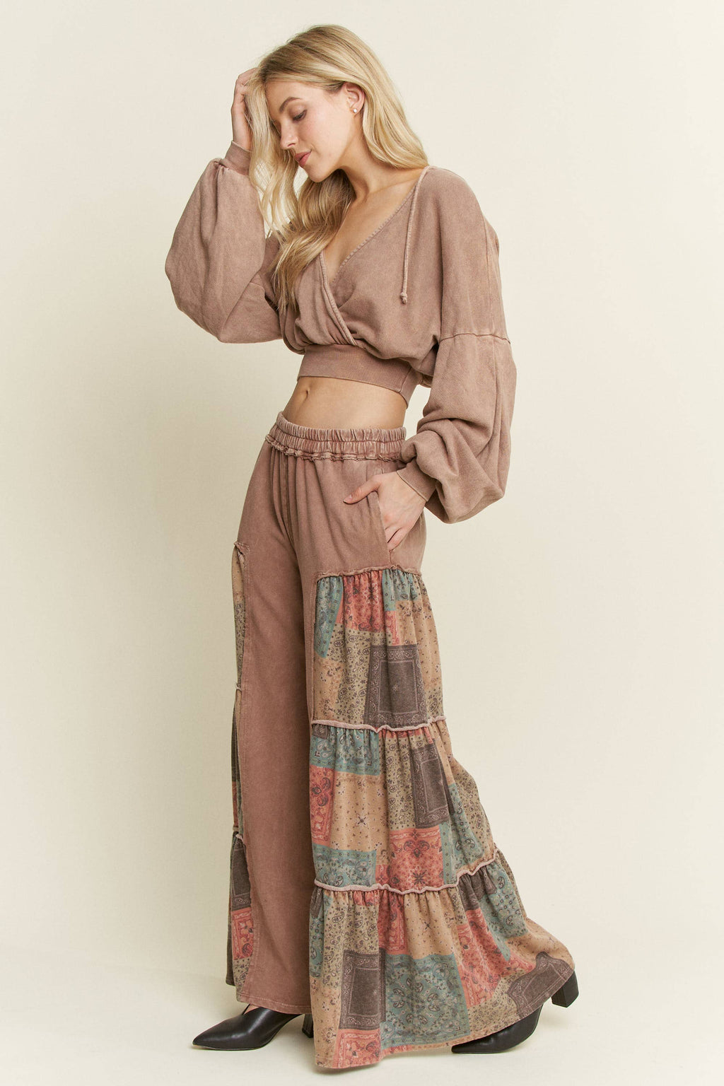 Mineral Washed Boho Patch Tiered wide pants HP6619