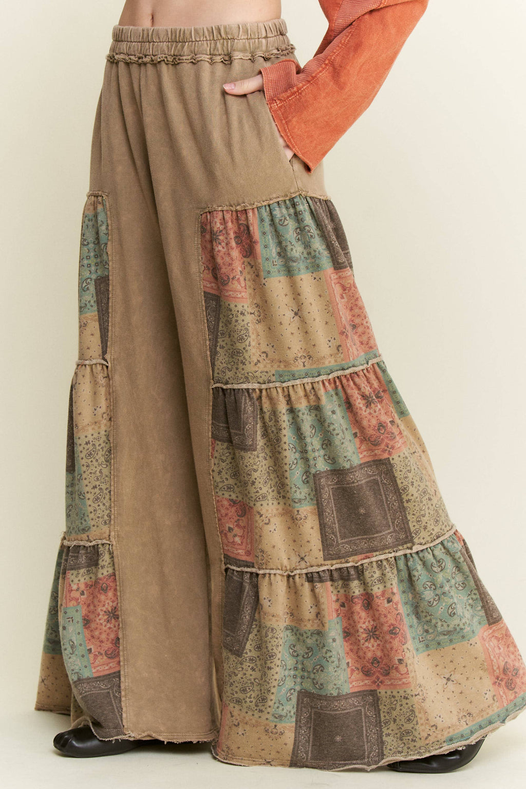 Mineral Washed Boho Patch Tiered wide pants HP6619