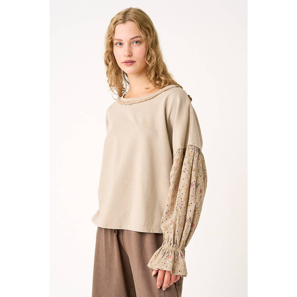 FLORAL EYELET MIXED MEDIA RELAXED LONG SLEEVE TOP