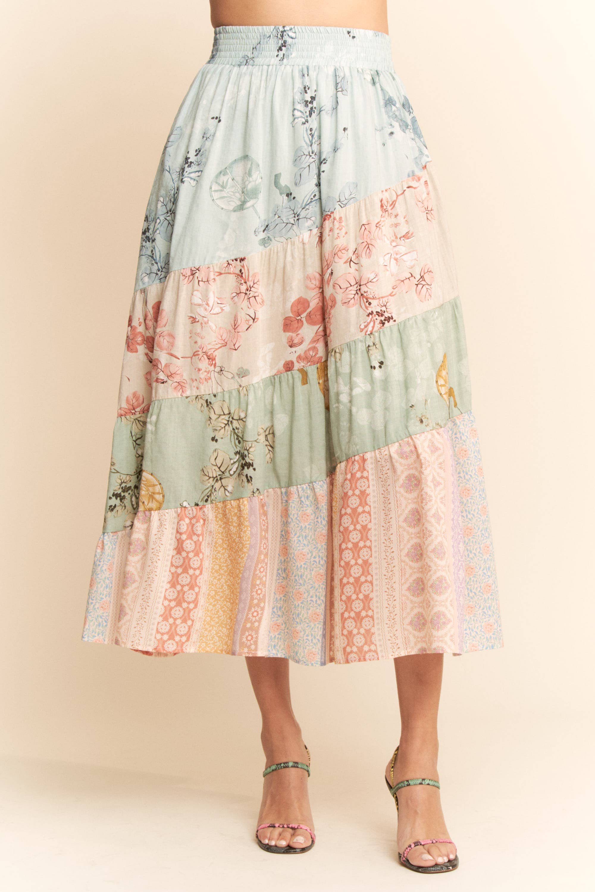 ETHNIC FLORAL MIX WAISTBAND TIERED MAXI SKIRT
