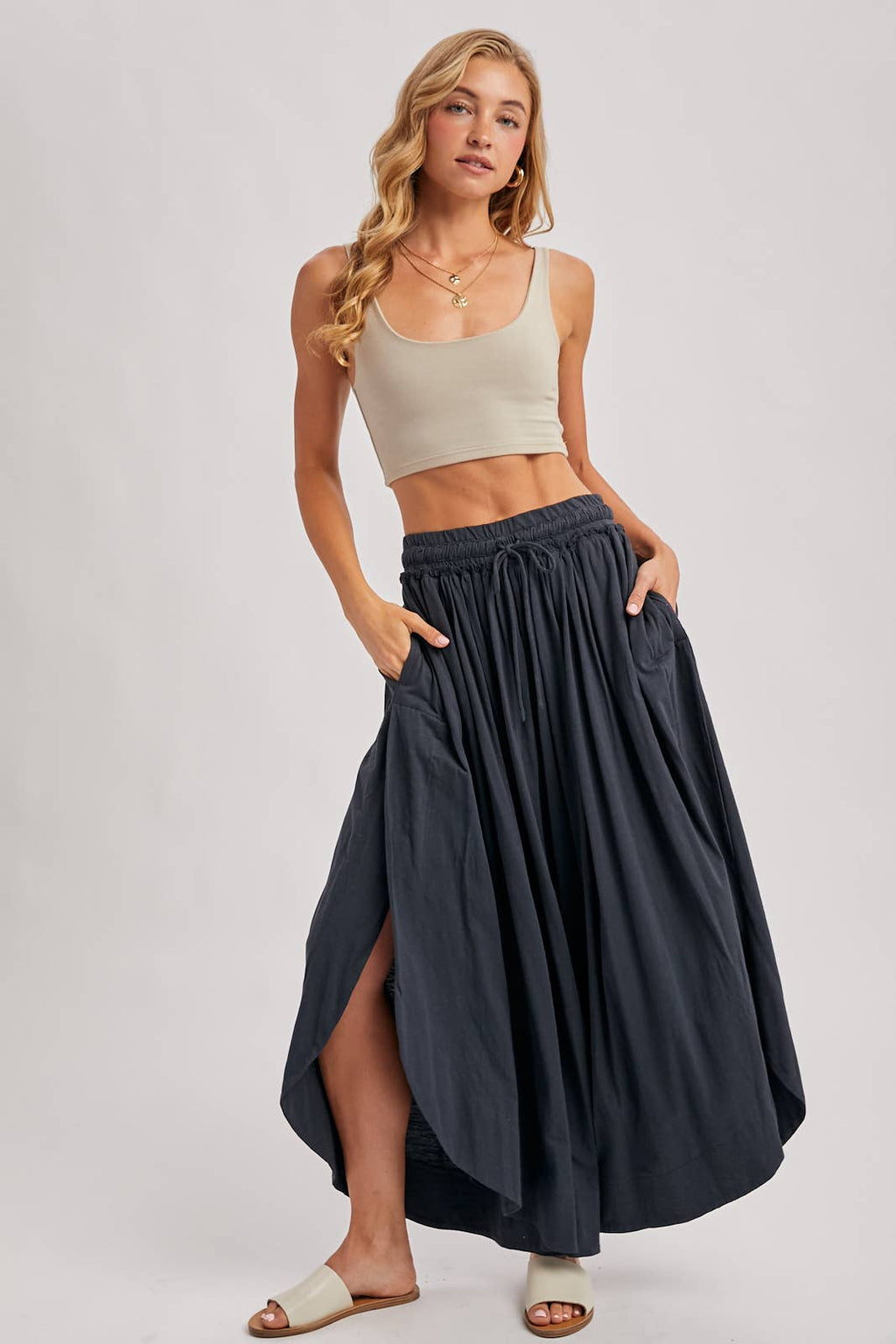 BOHEMIAN SIDE SLIT ROUNDED HEM WIDE LEG PANTS