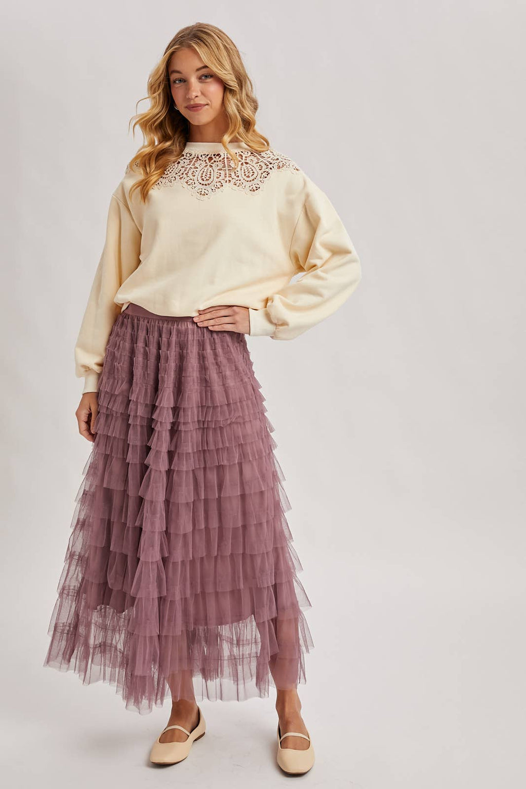 RUFFLED TULLE MIDI SKIRT