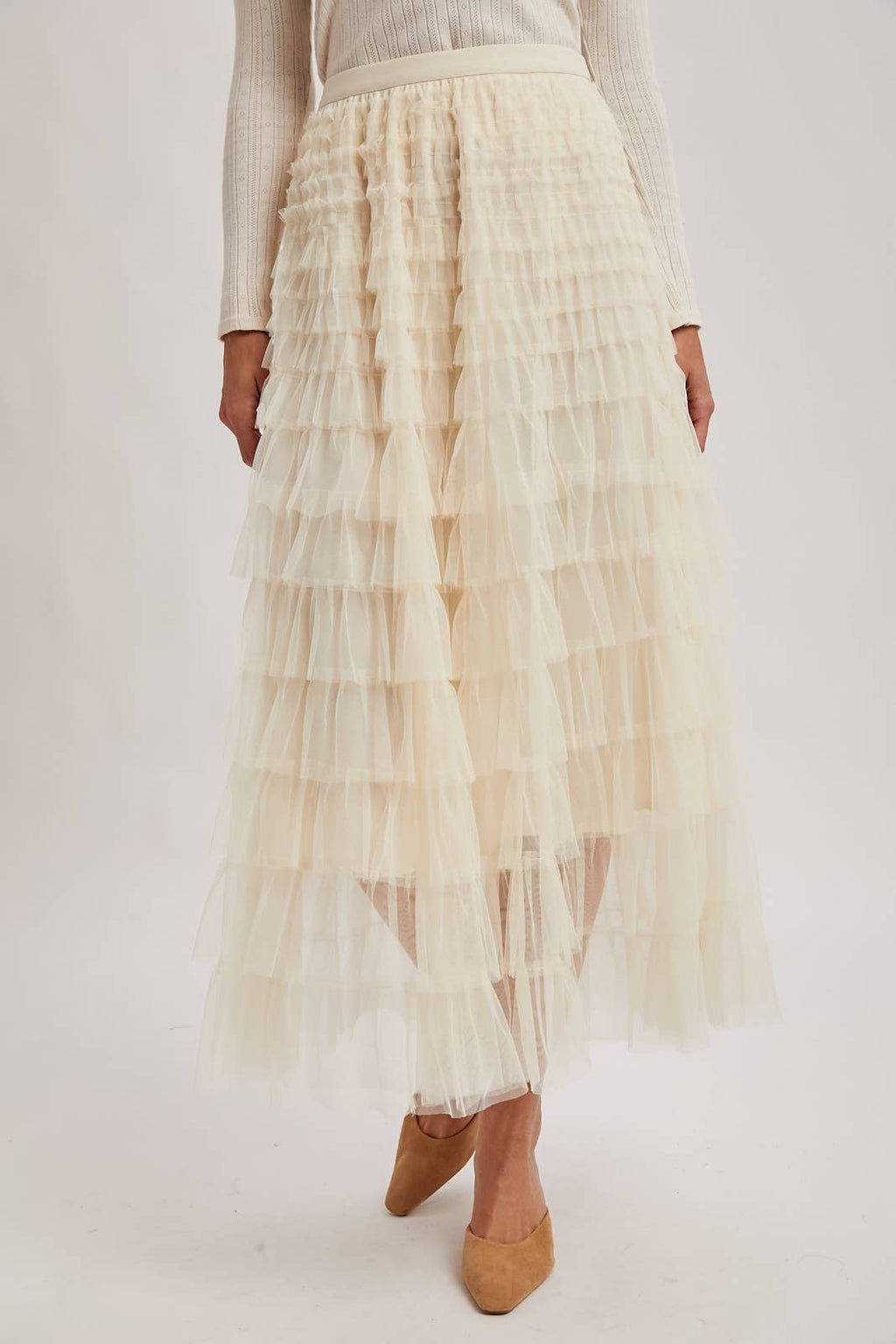 RUFFLED TULLE MIDI SKIRT