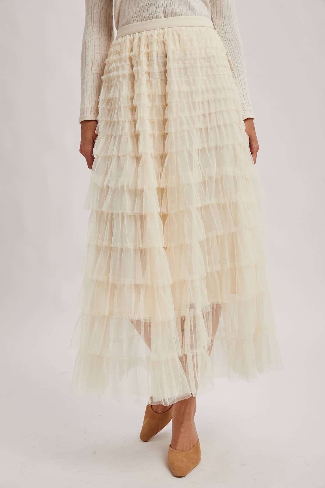 RUFFLED TULLE MIDI SKIRT