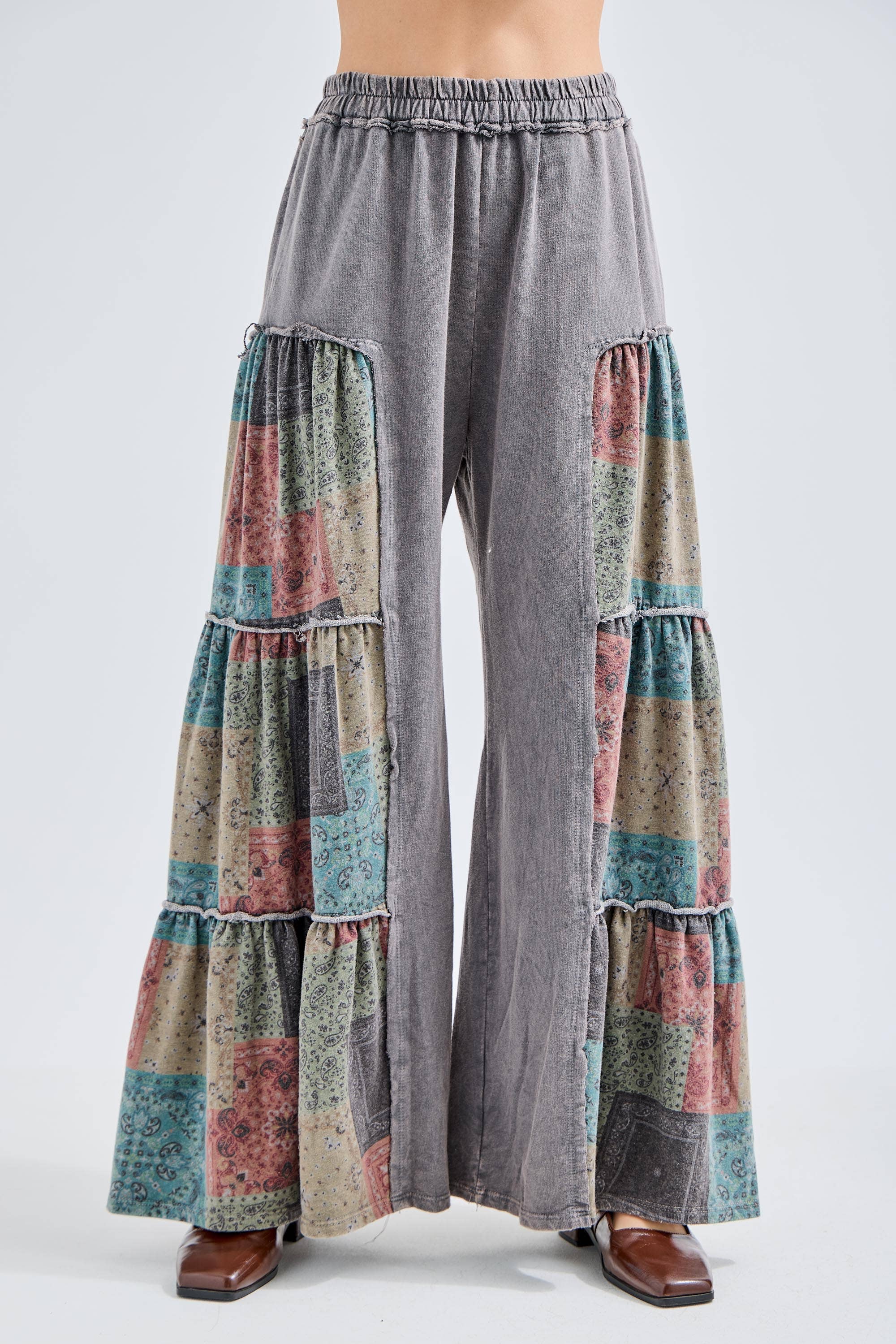 Mineral Washed Boho Patch Tiered wide pants HP6619