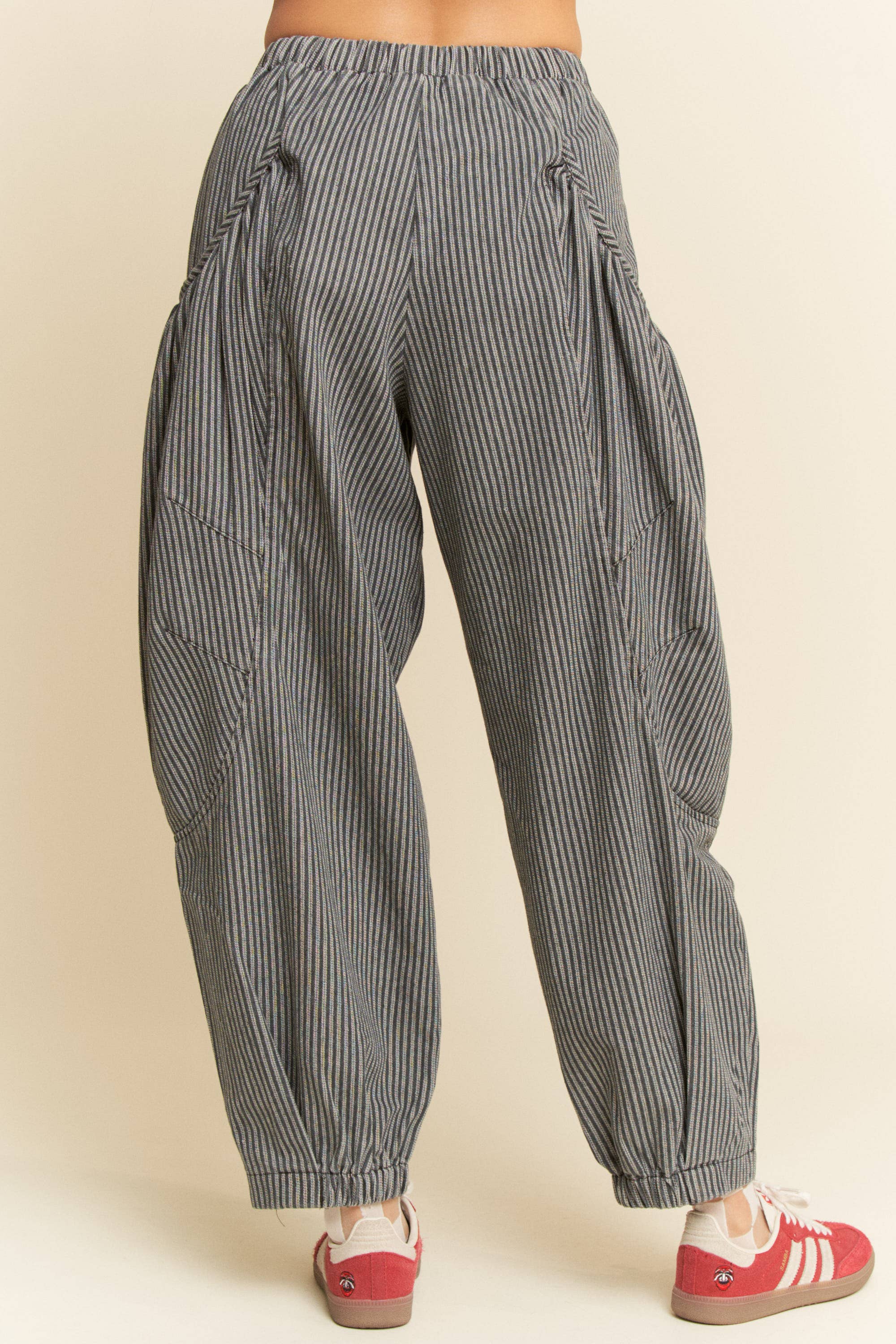 STRIPED DENIM DRAPED BARREL JOGGER PANTS