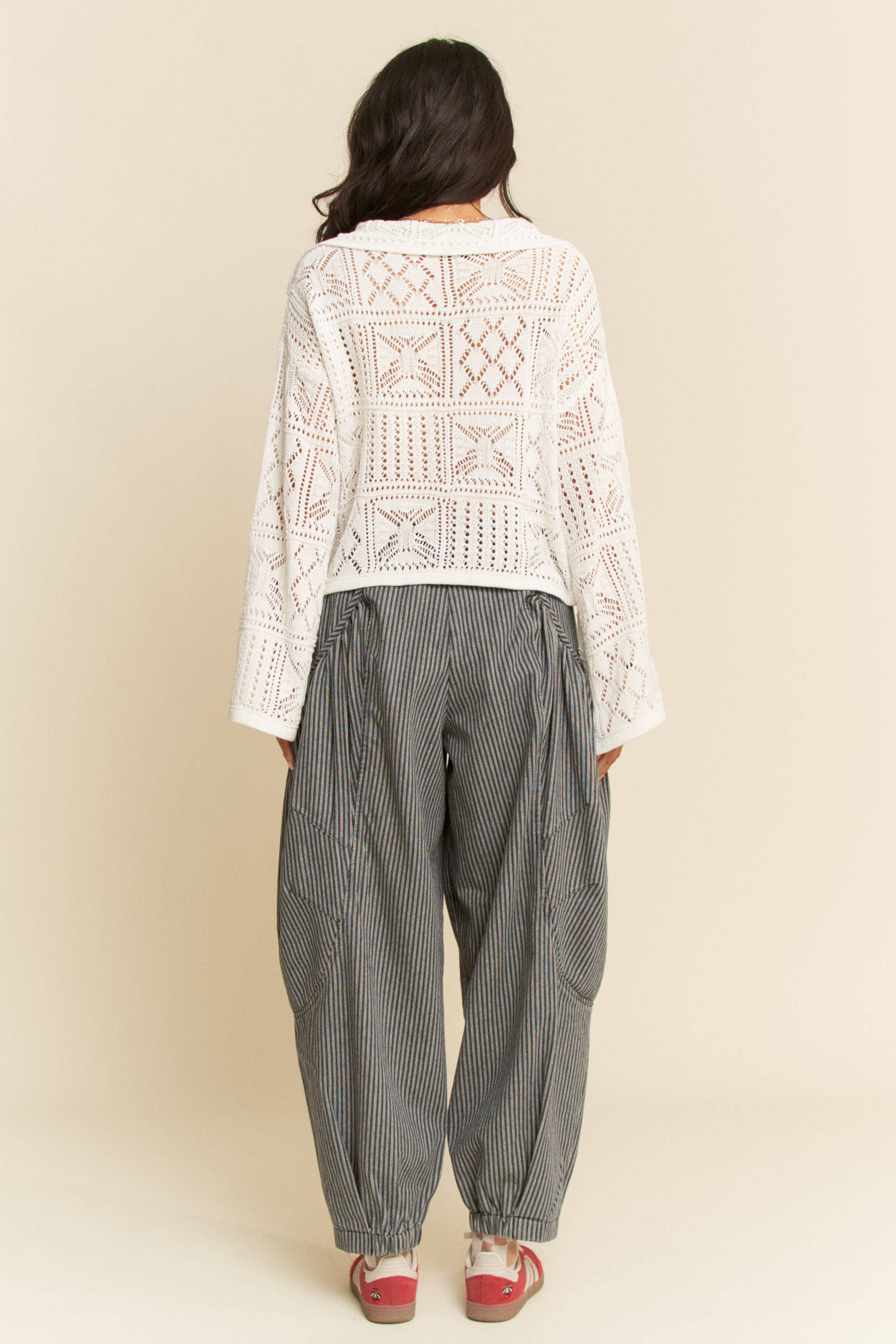 STRIPED DENIM DRAPED BARREL JOGGER PANTS