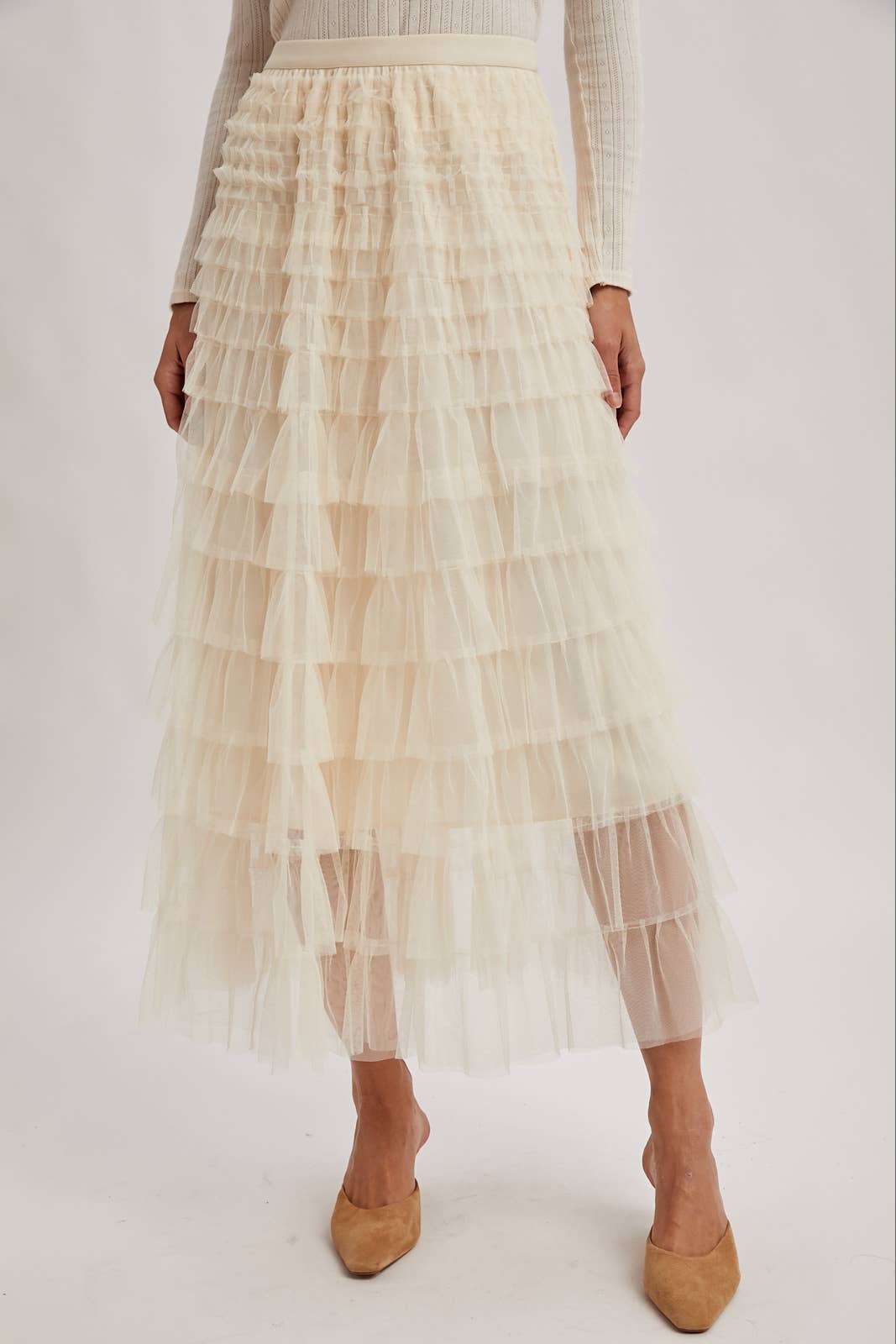RUFFLED TULLE MIDI SKIRT