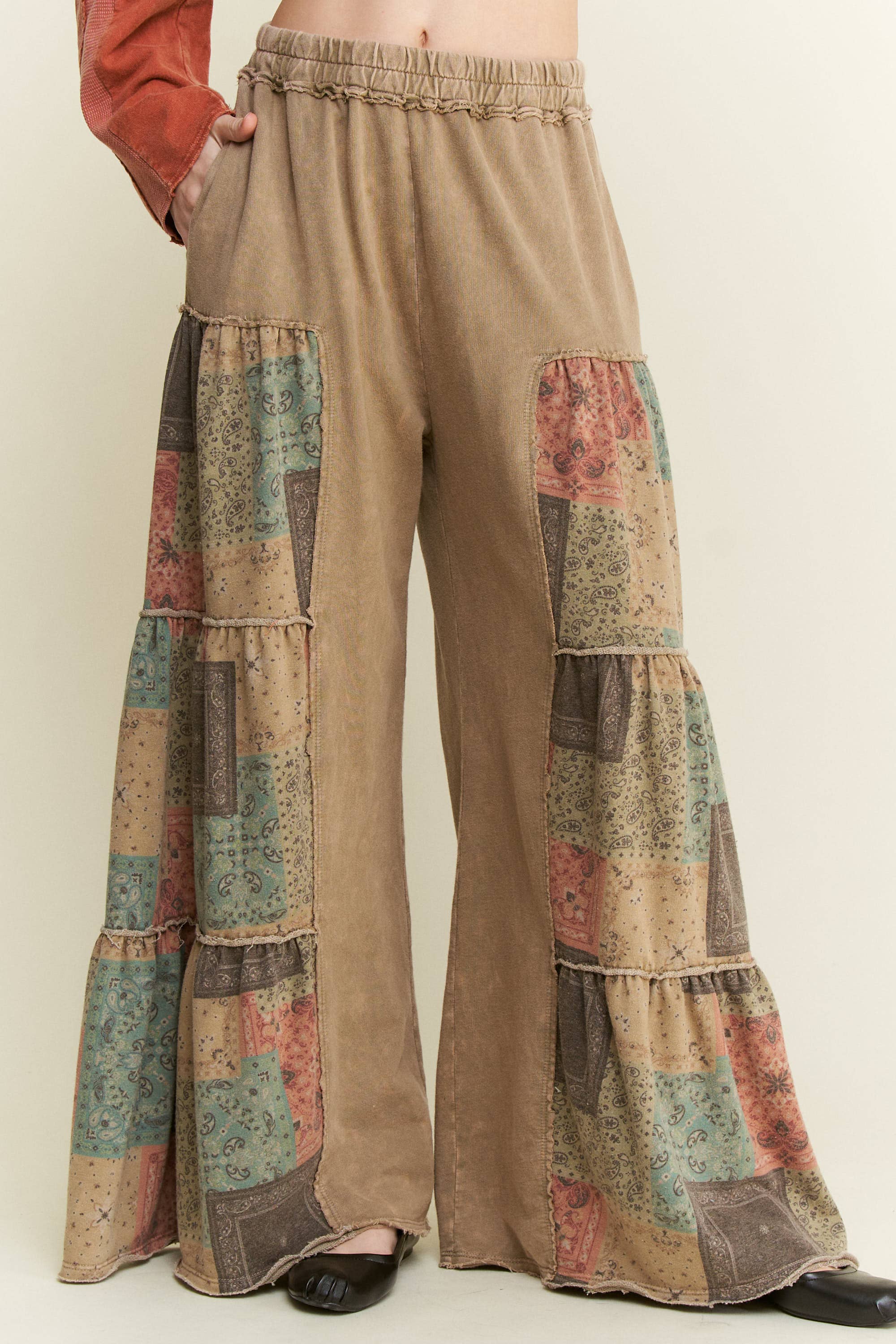 Mineral Washed Boho Patch Tiered wide pants HP6619