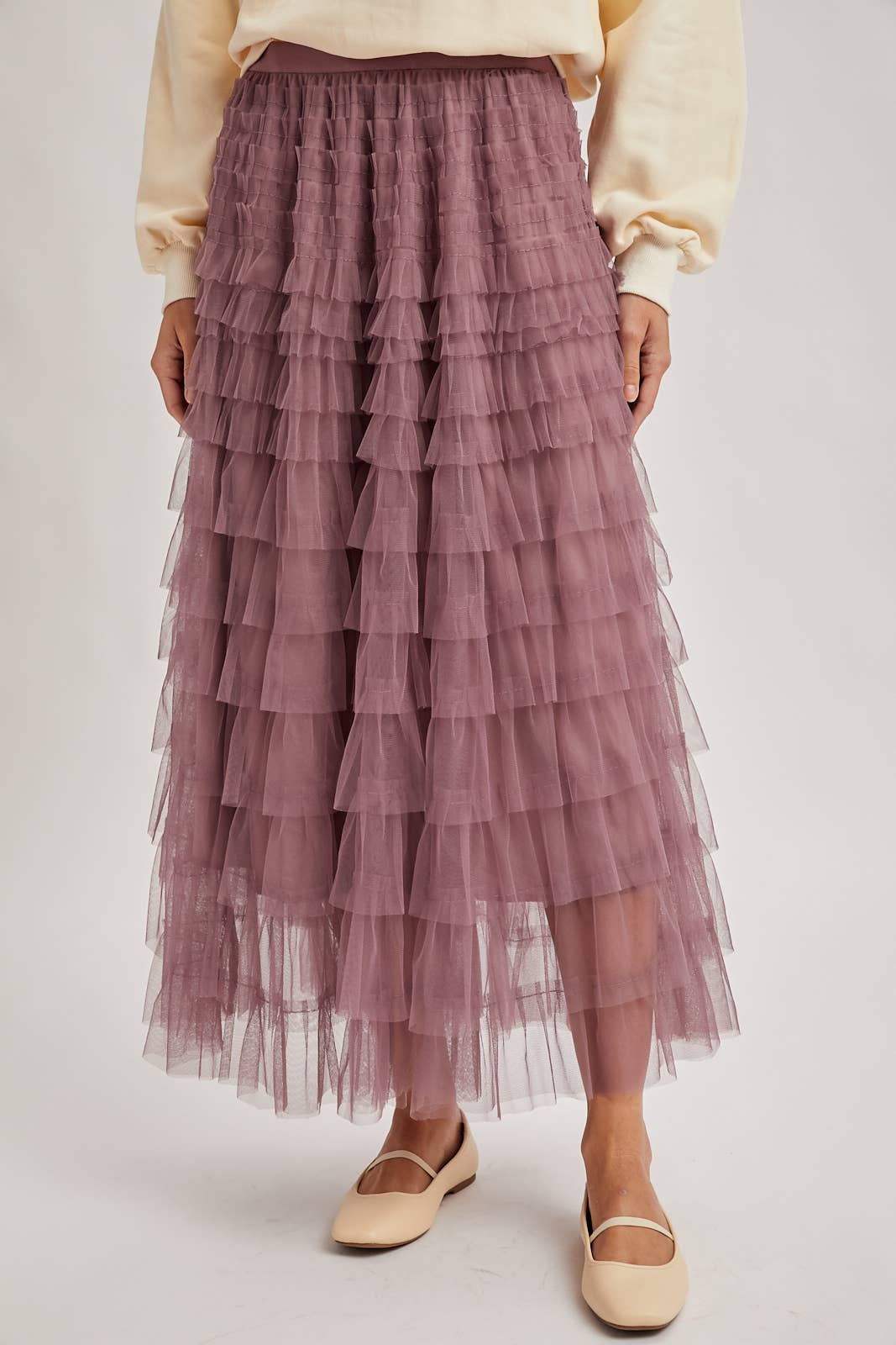 RUFFLED TULLE MIDI SKIRT