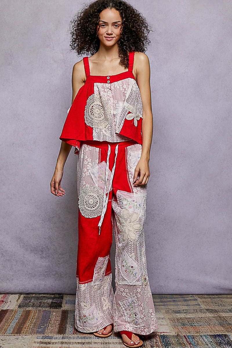 Solid Lace Patch Detail Woven Pants