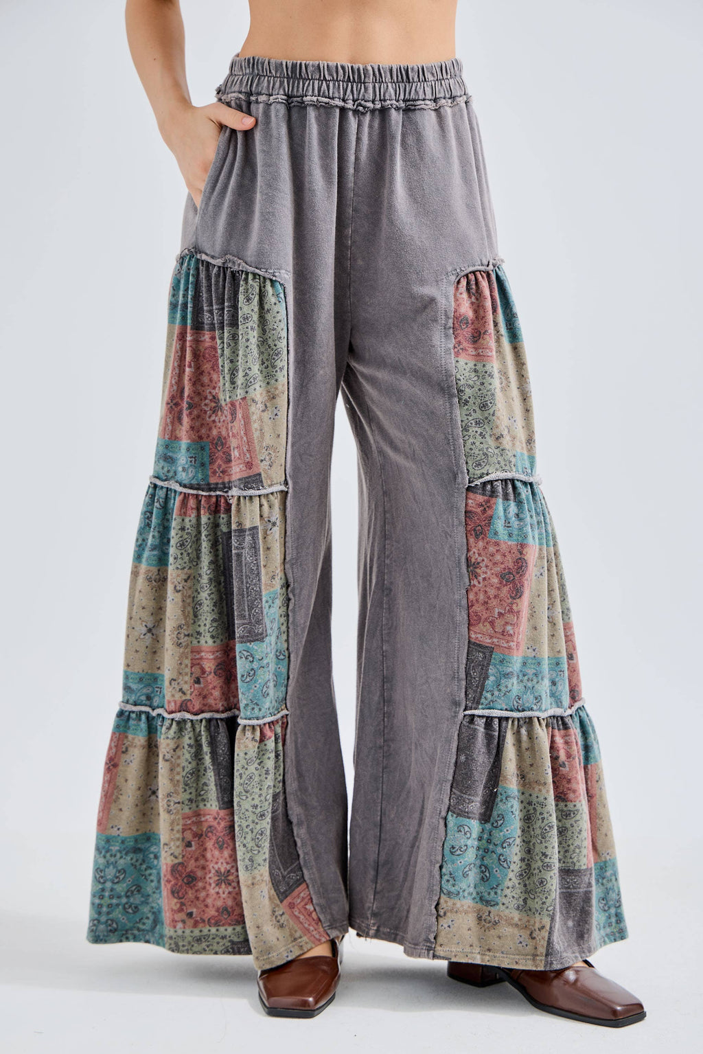 Mineral Washed Boho Patch Tiered wide pants HP6619