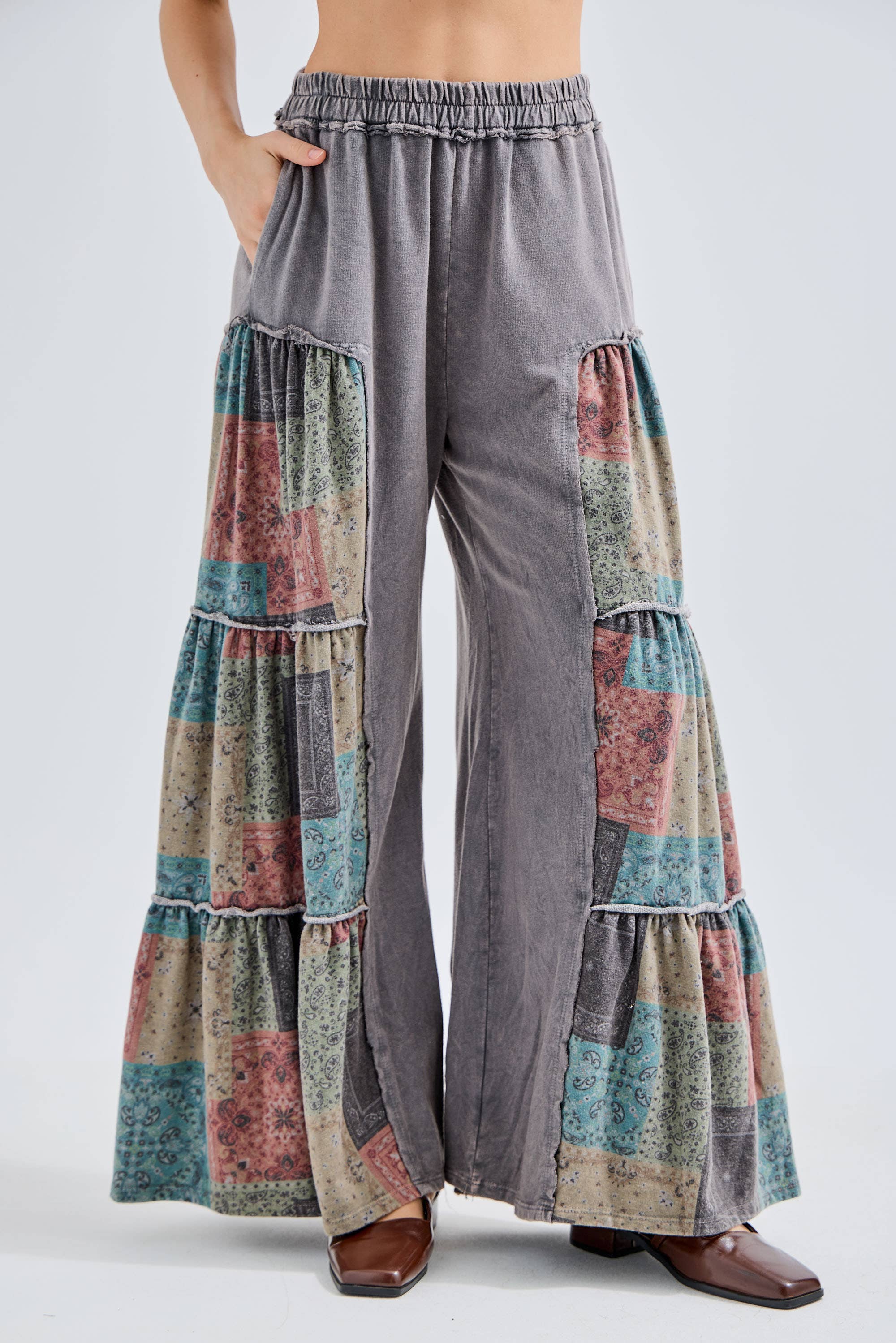 Mineral Washed Boho Patch Tiered wide pants HP6619