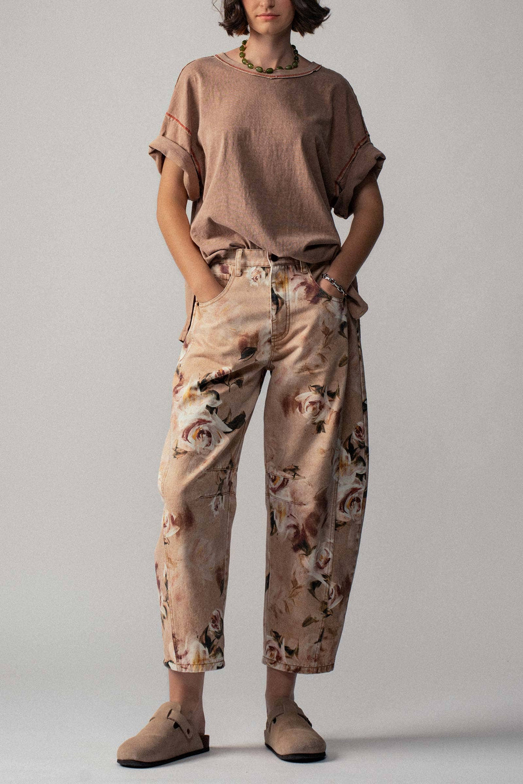 Vintage Rose Print Wide Leg Jeans