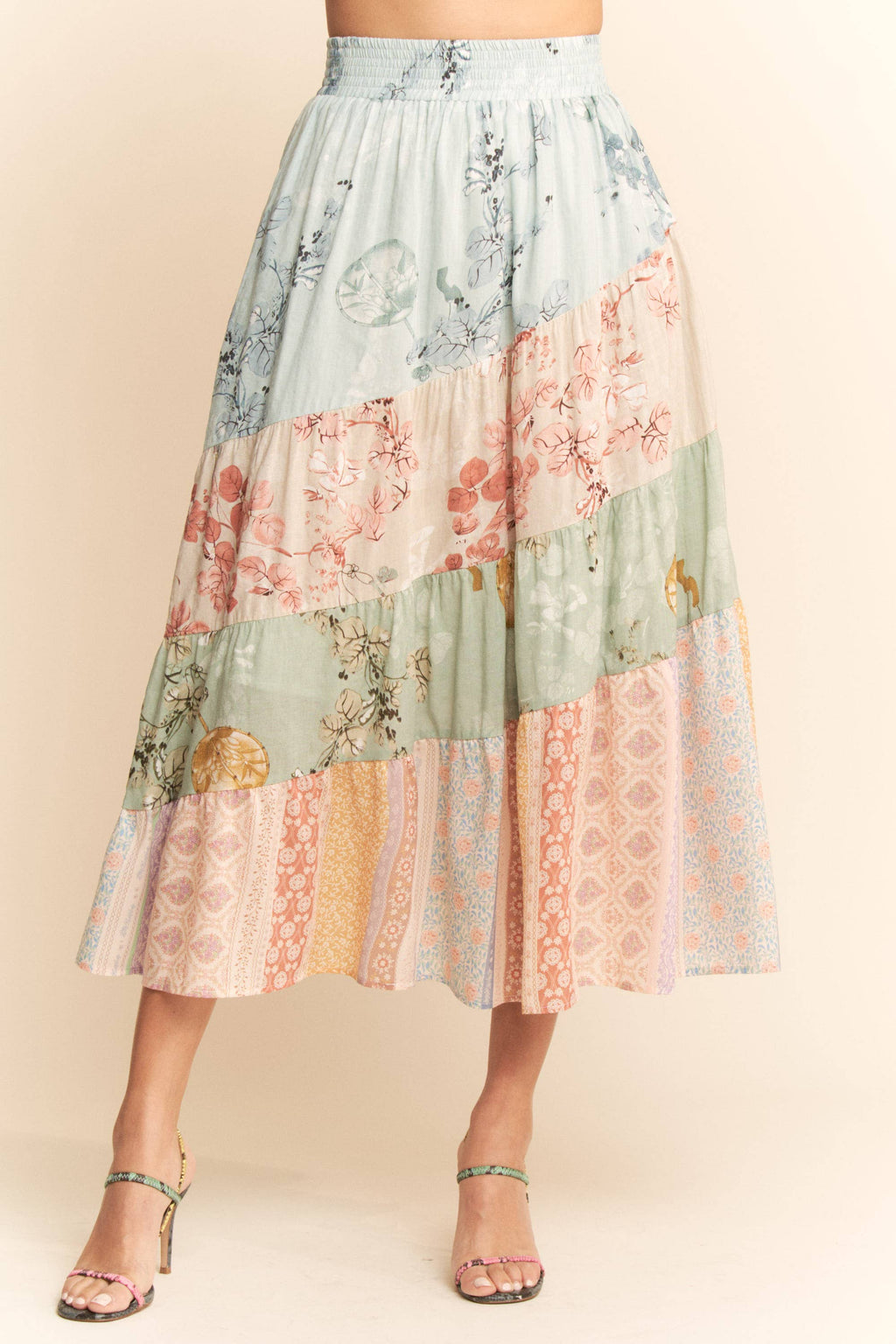 ETHNIC FLORAL MIX WAISTBAND TIERED MAXI SKIRT