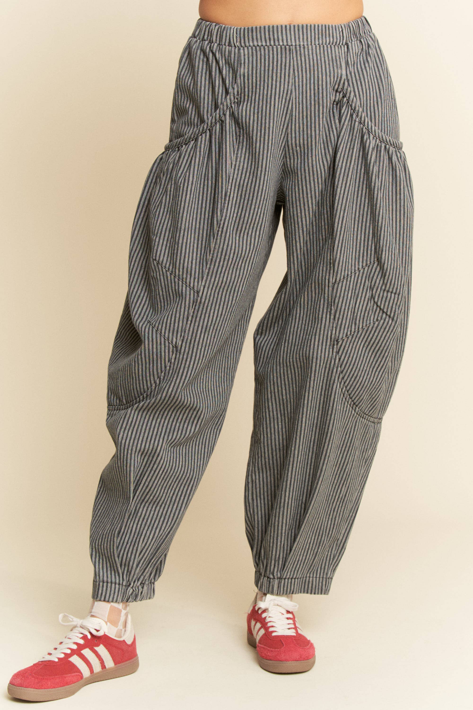 STRIPED DENIM DRAPED BARREL JOGGER PANTS