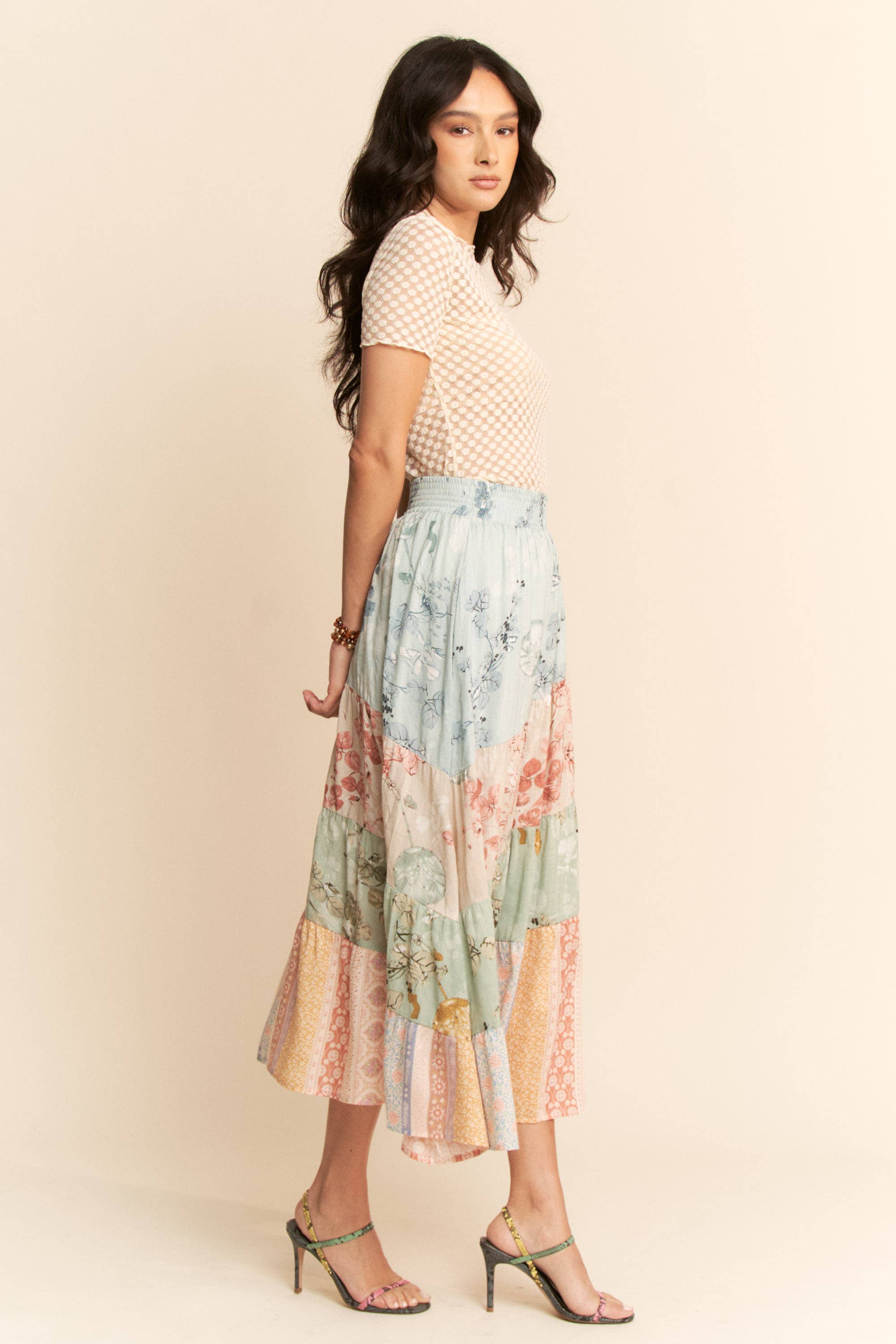 ETHNIC FLORAL MIX WAISTBAND TIERED MAXI SKIRT