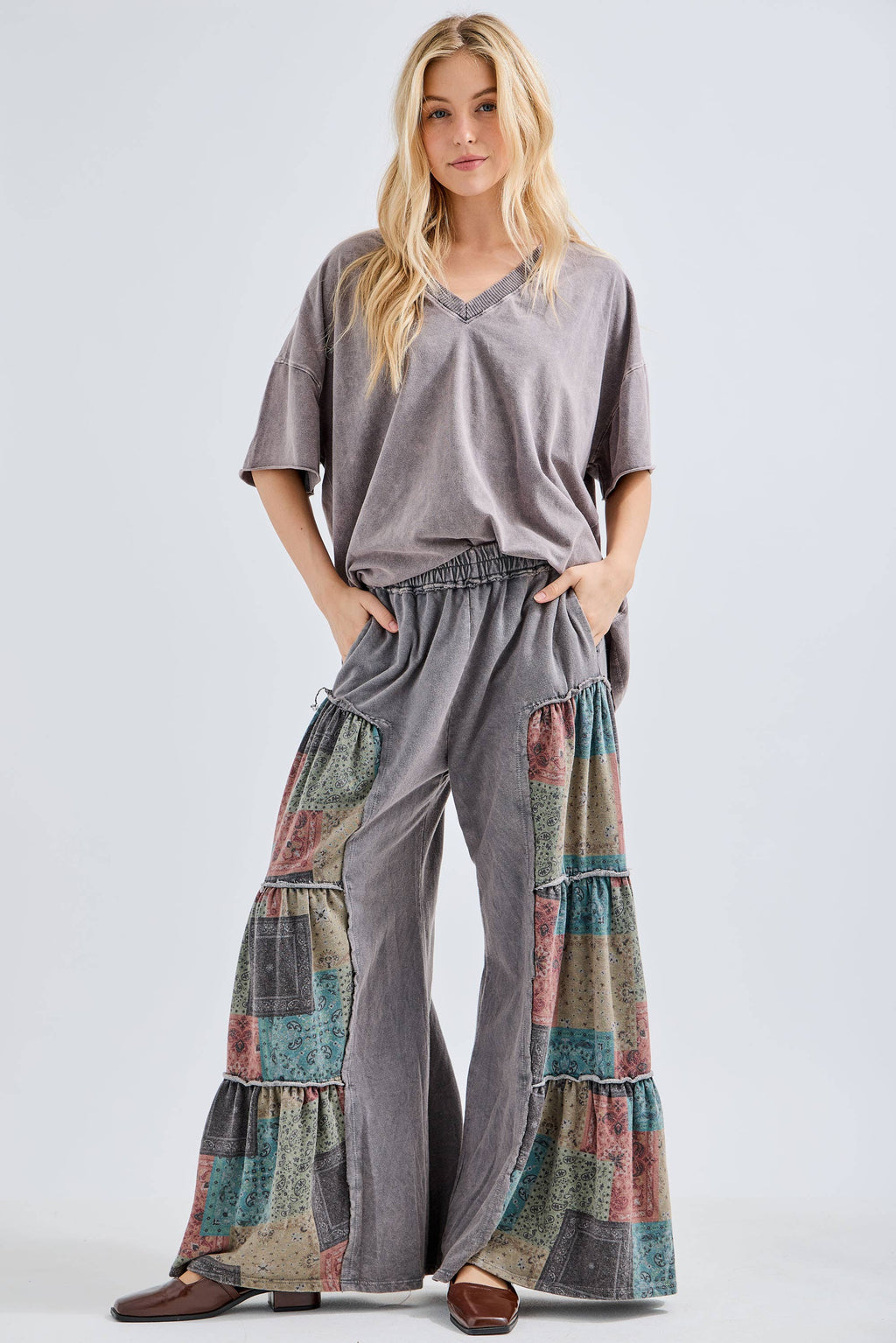 Mineral Washed Boho Patch Tiered wide pants HP6619